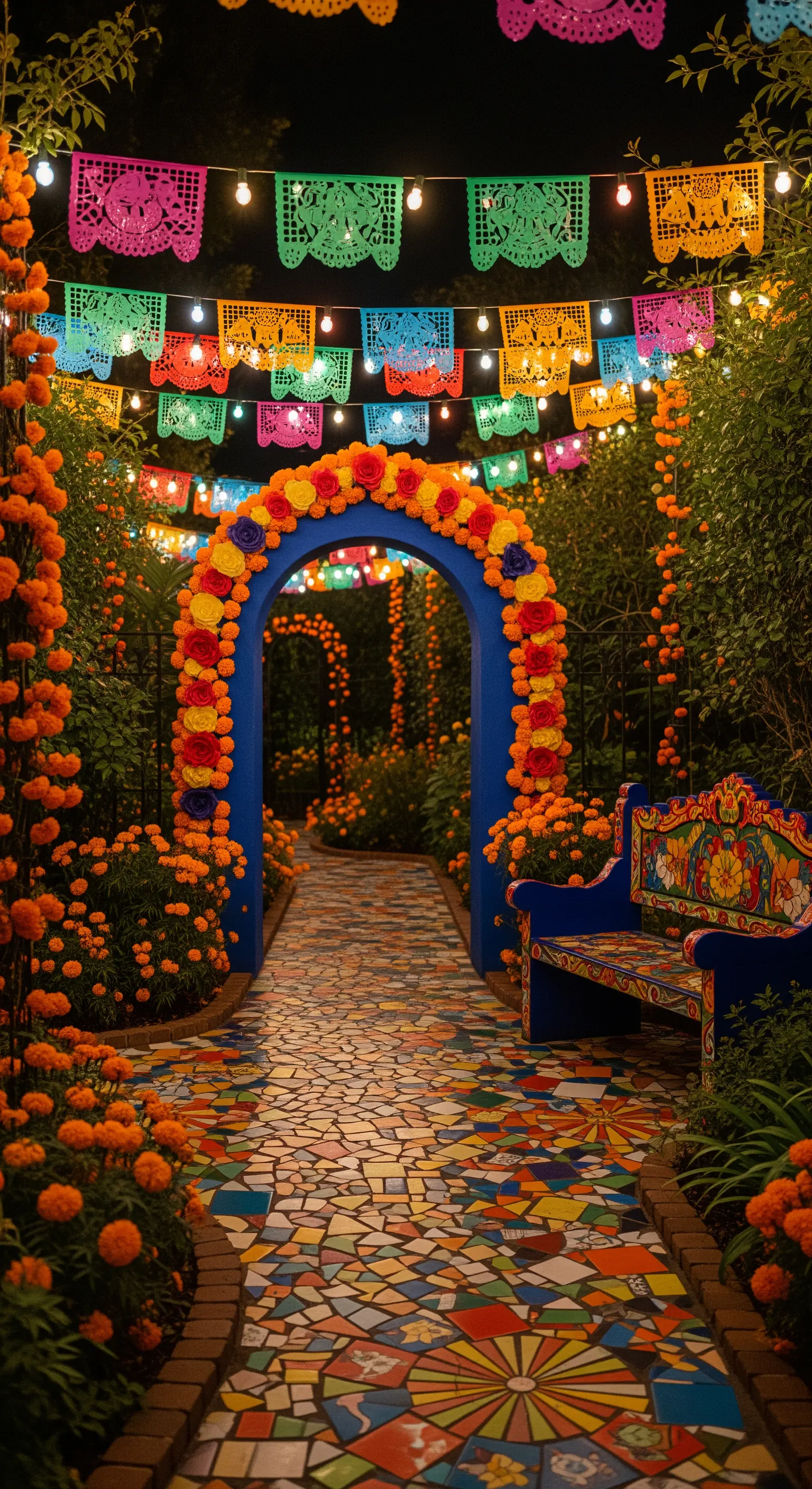 Giardino messicano con arco blu, sentiero a mosaico colorato, panchina dipinta e festoni di papel picado
