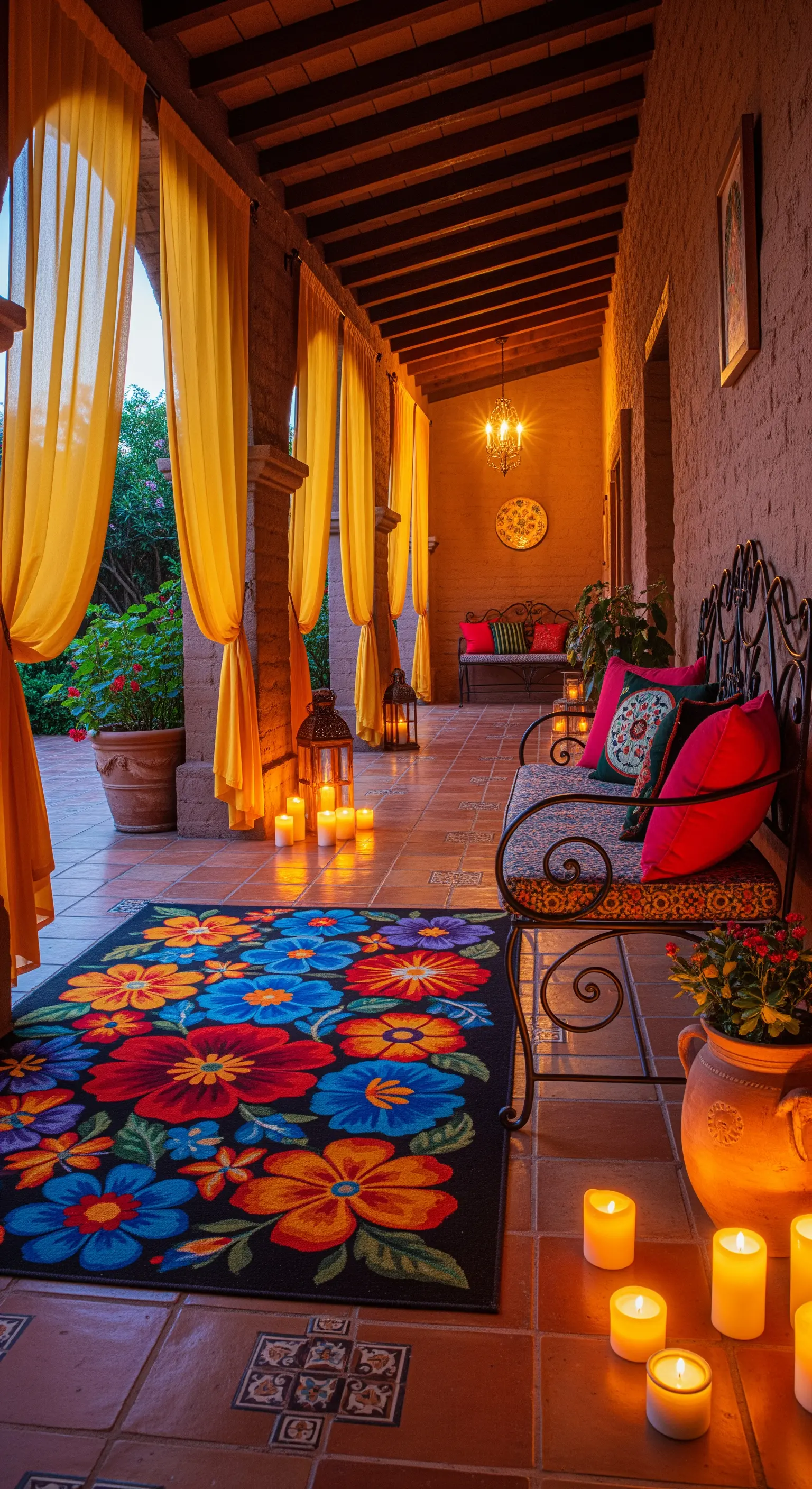 Patio in stile messicano con tappeto floreale multicolore, tende gialle e panchina in ferro.
