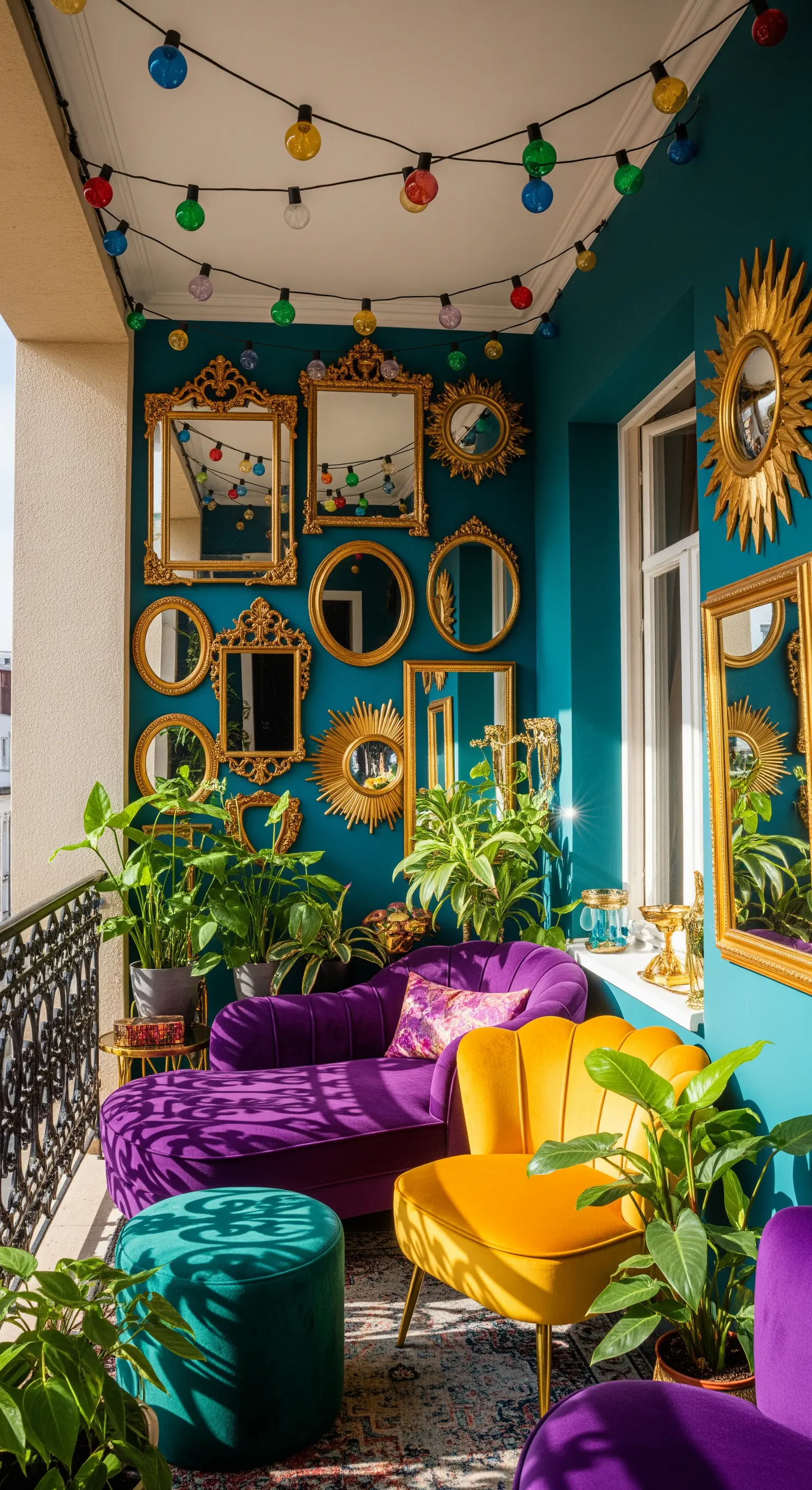 Balcone massimalista con parete blu, una collezione di specchi dorati e arredi in velluto colorato