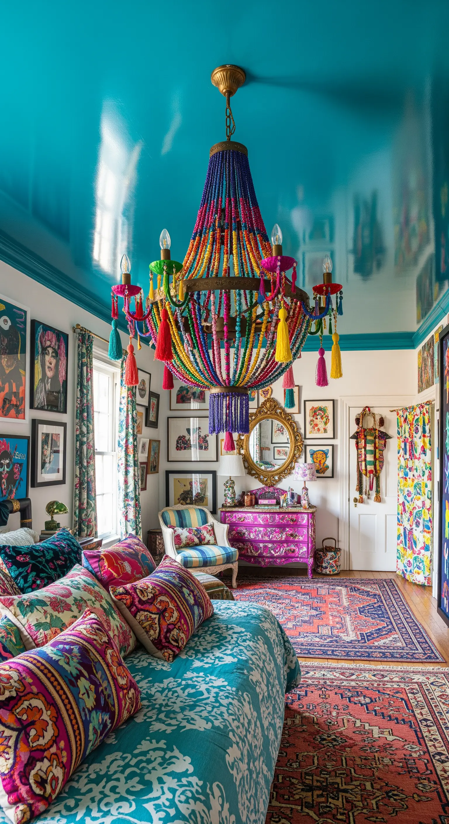 Lampadario massimalista con perline multicolore in una camera eclettica con soffitto turchese laccato.