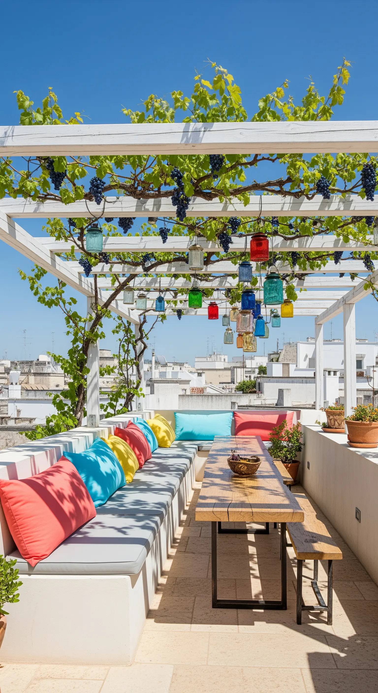 Terrazza con panche in muratura, cuscini colorati e lanterne appese a un pergolato bianco