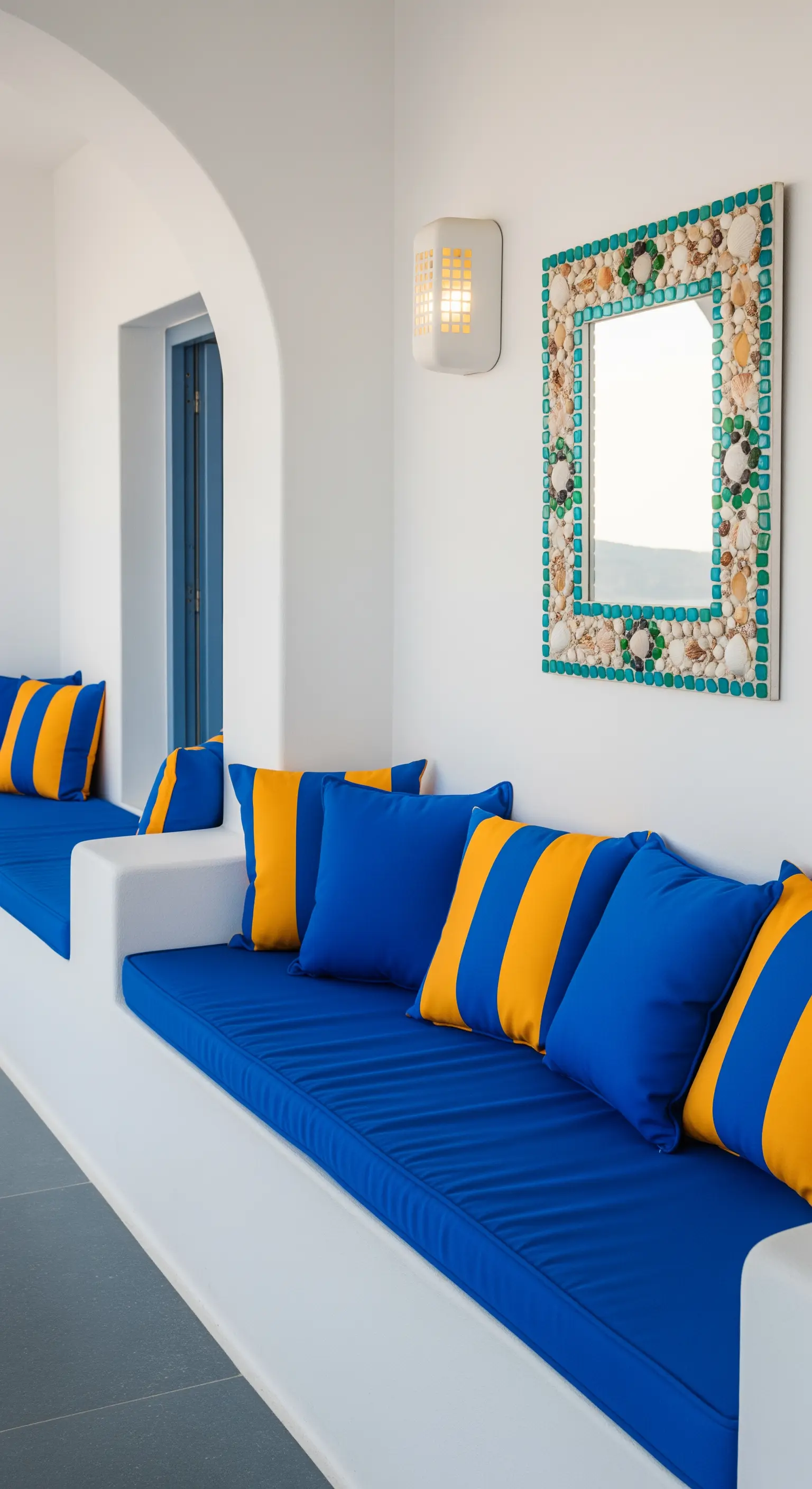 Patio mediterraneo con cuscini blu e gialli e specchio con cornice a mosaico di conchiglie.
