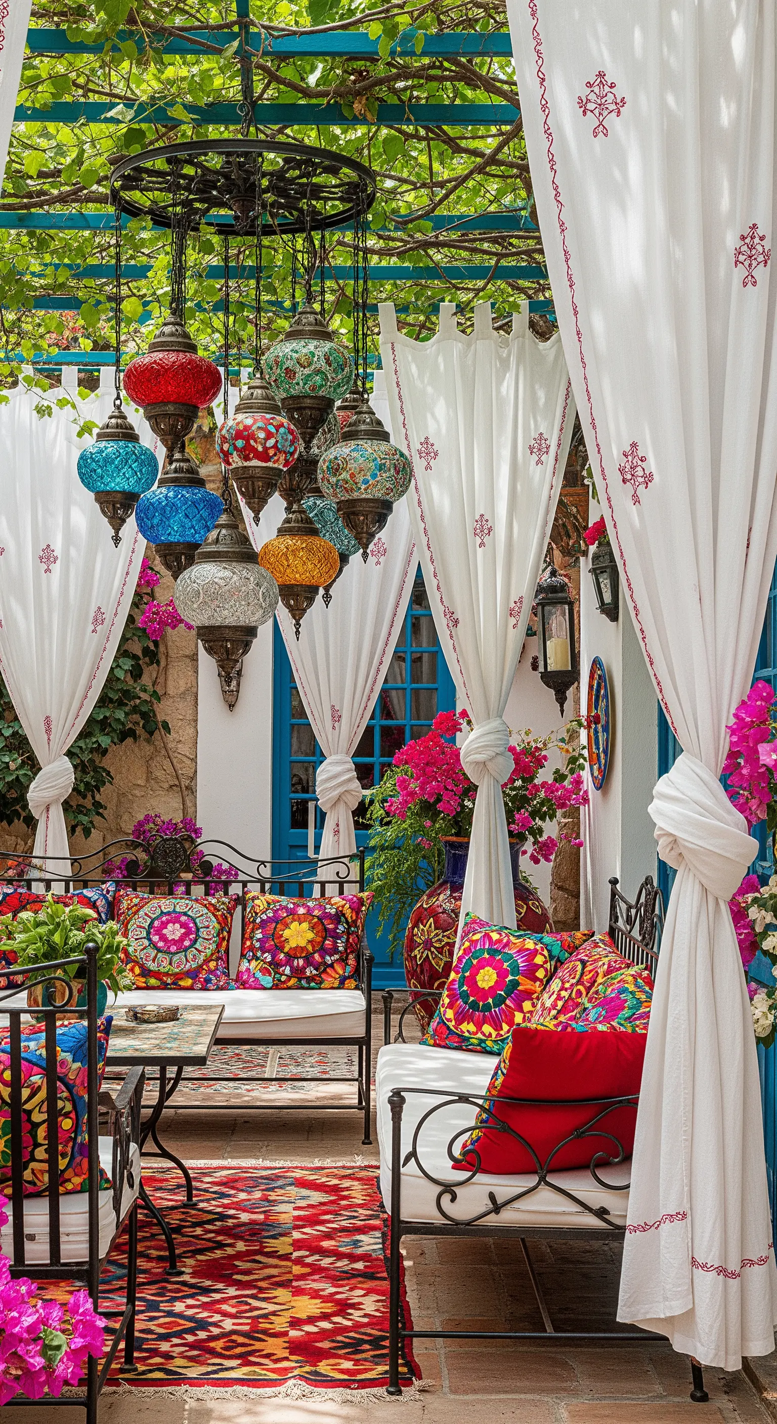 Cortile vivace con lanterne turche colorate, cuscini etnici e tende bianche con ricami.