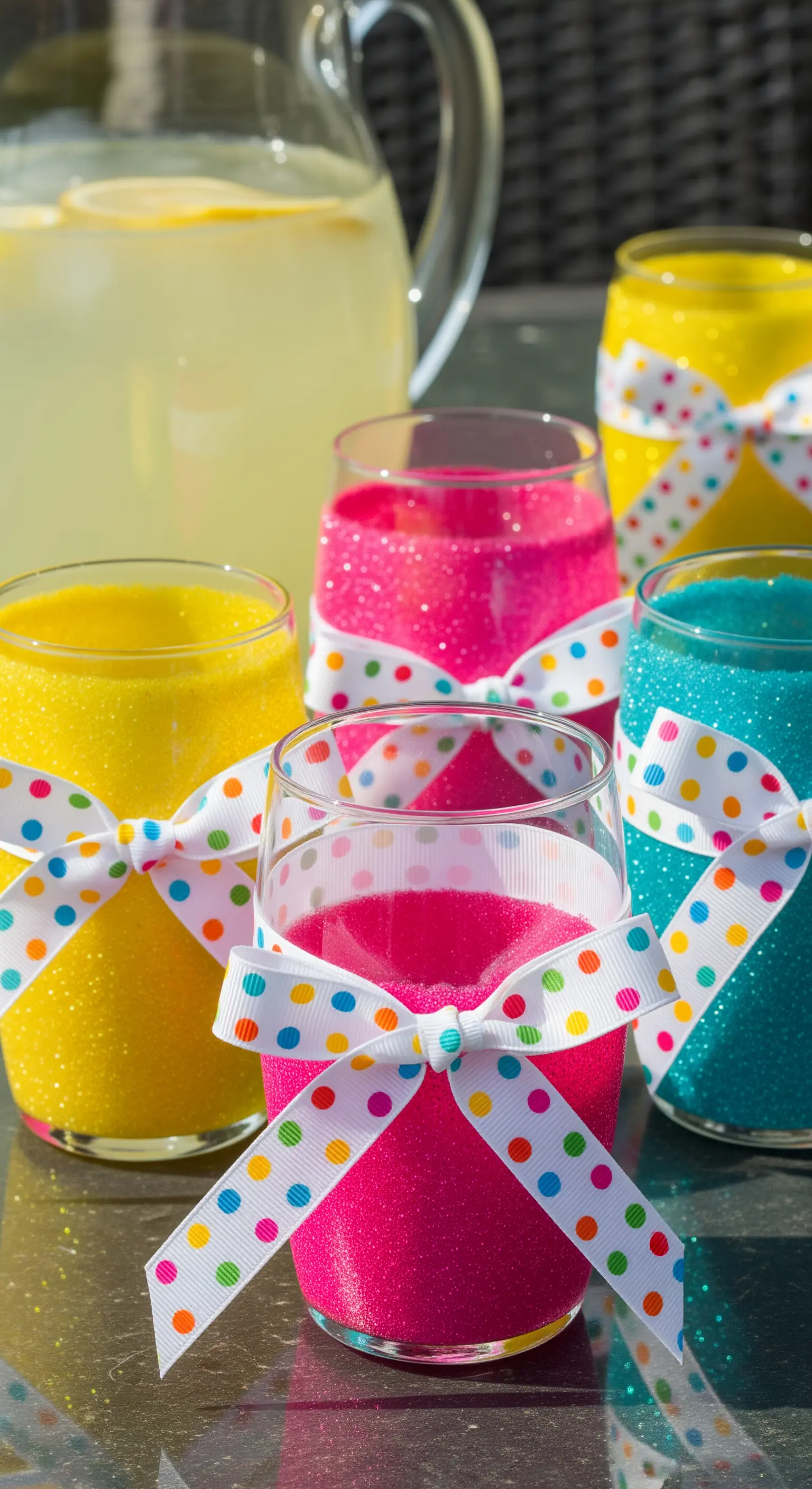 Bicchieri colorati con glitter fucsia, giallo e azzurro e fiocchi a pois.