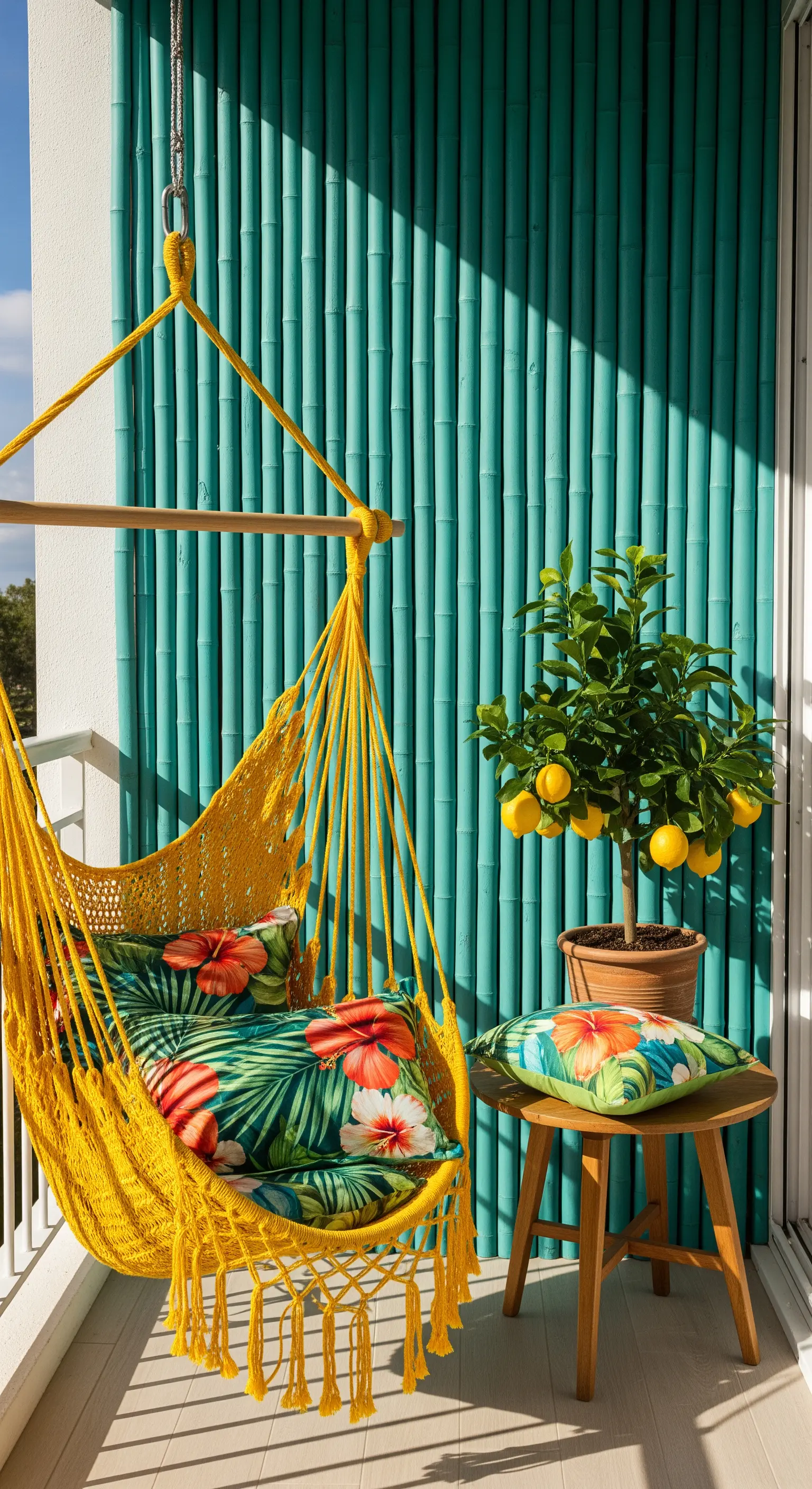 Balcone con parete in bambù turchese e amaca sospesa gialla.