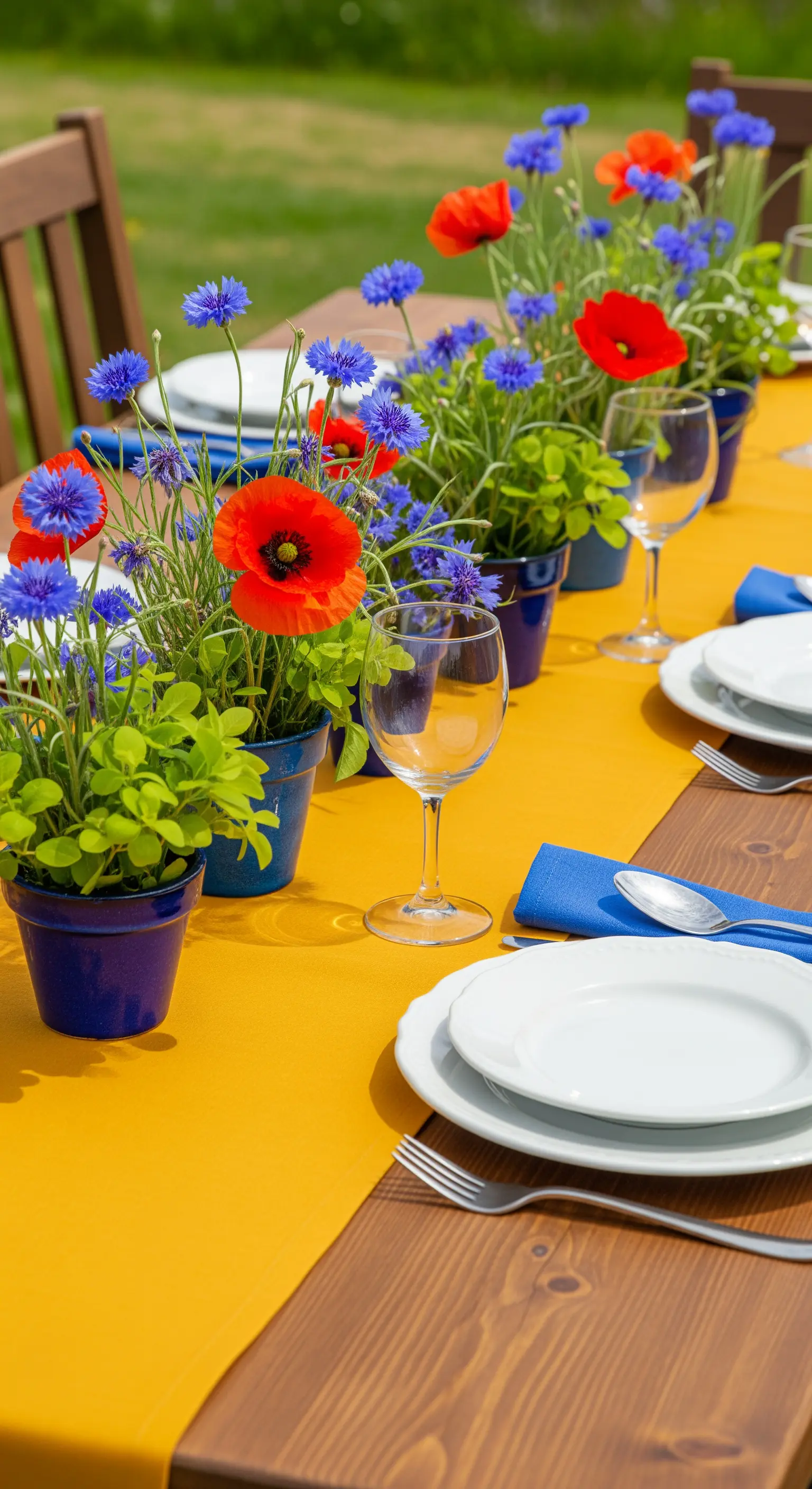 Tavola con runner giallo, vasi blu cobalto con papaveri rossi e fiordalisi