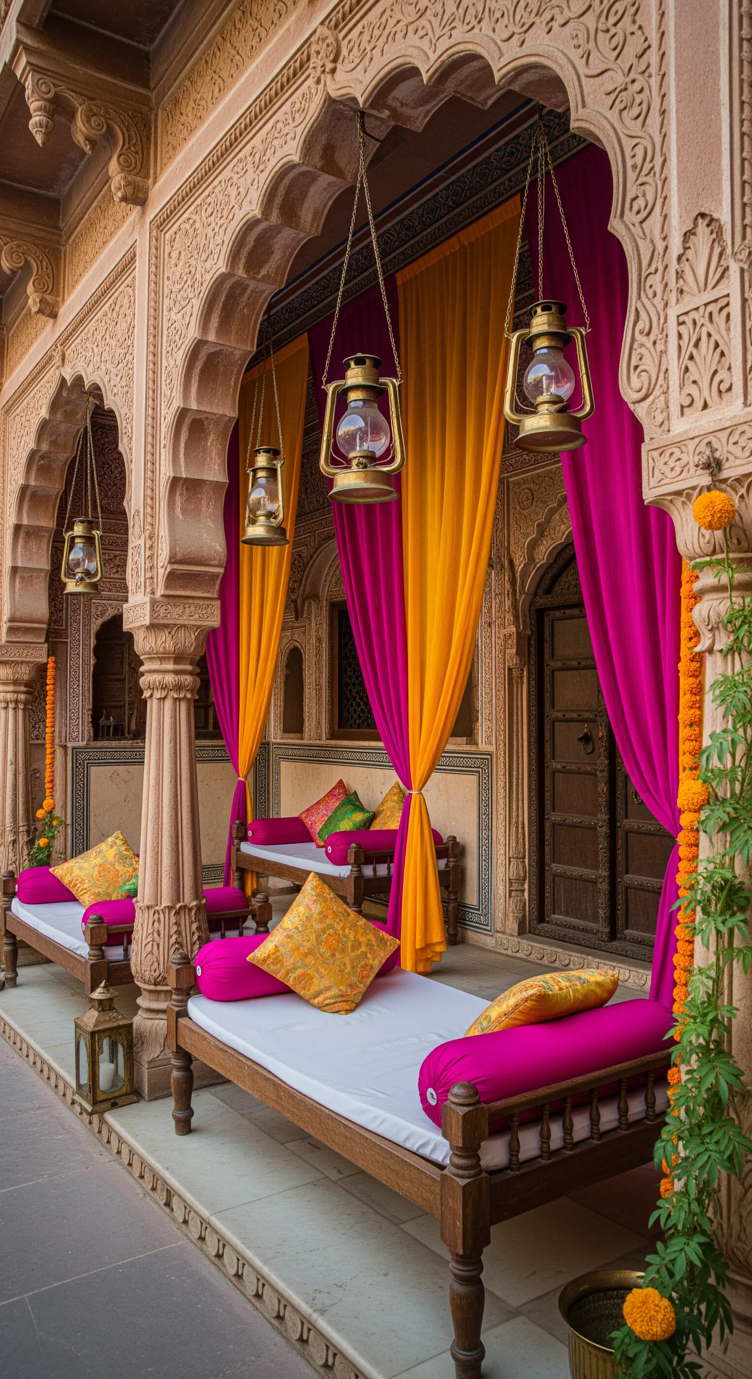 Veranda in stile indiano con tende fucsia e arancioni e divani in legno intagliato.