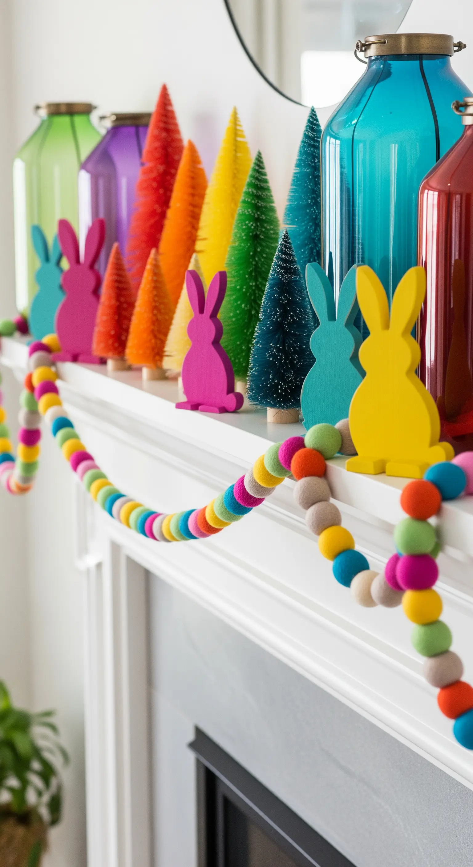 Camino decorato a Pasqua con alberelli e coniglietti colorati e una ghirlanda di feltro.