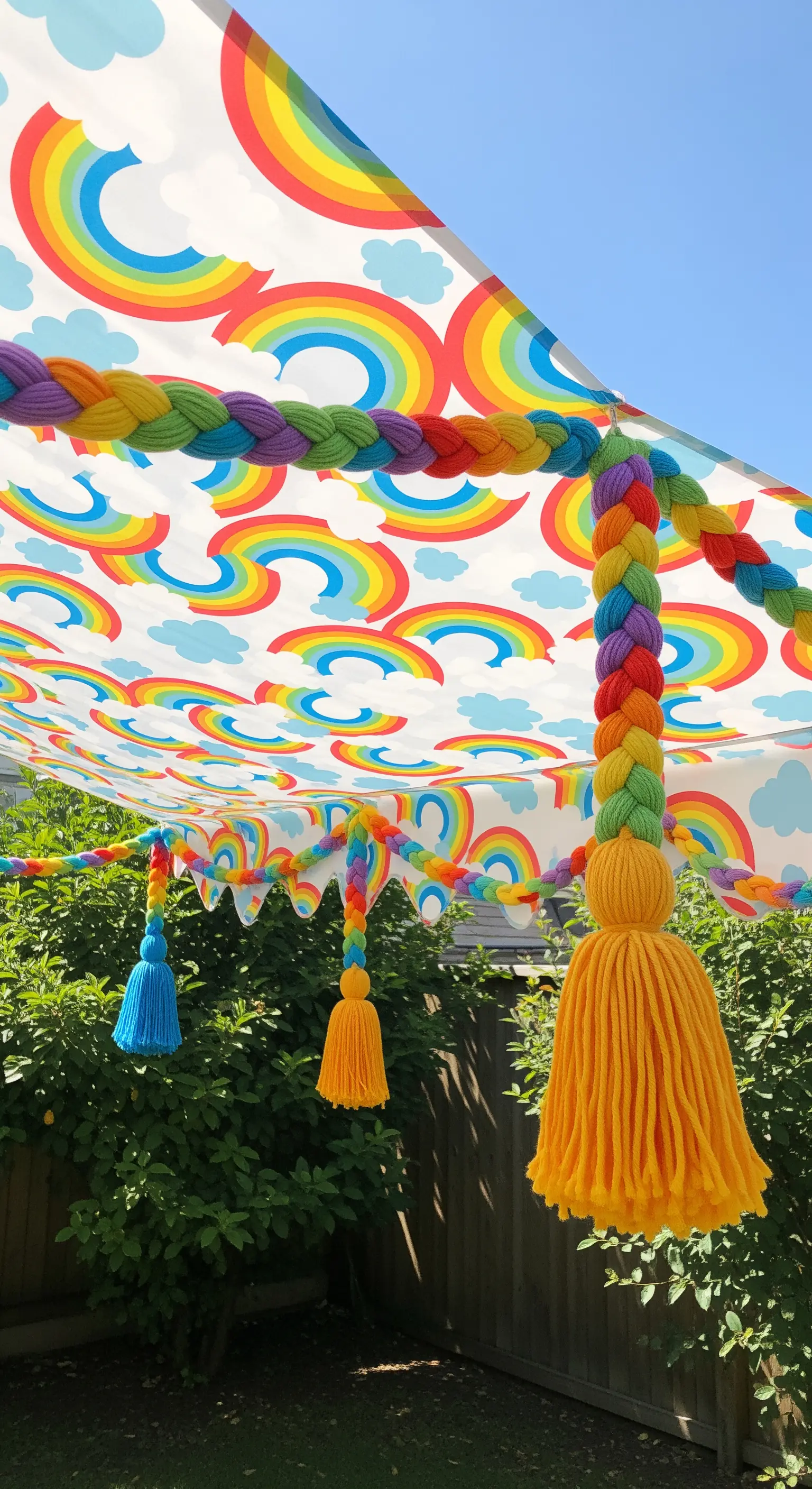 Tenda da sole con stampa arcobaleno, corde intrecciate colorate e grandi nappe decorative.