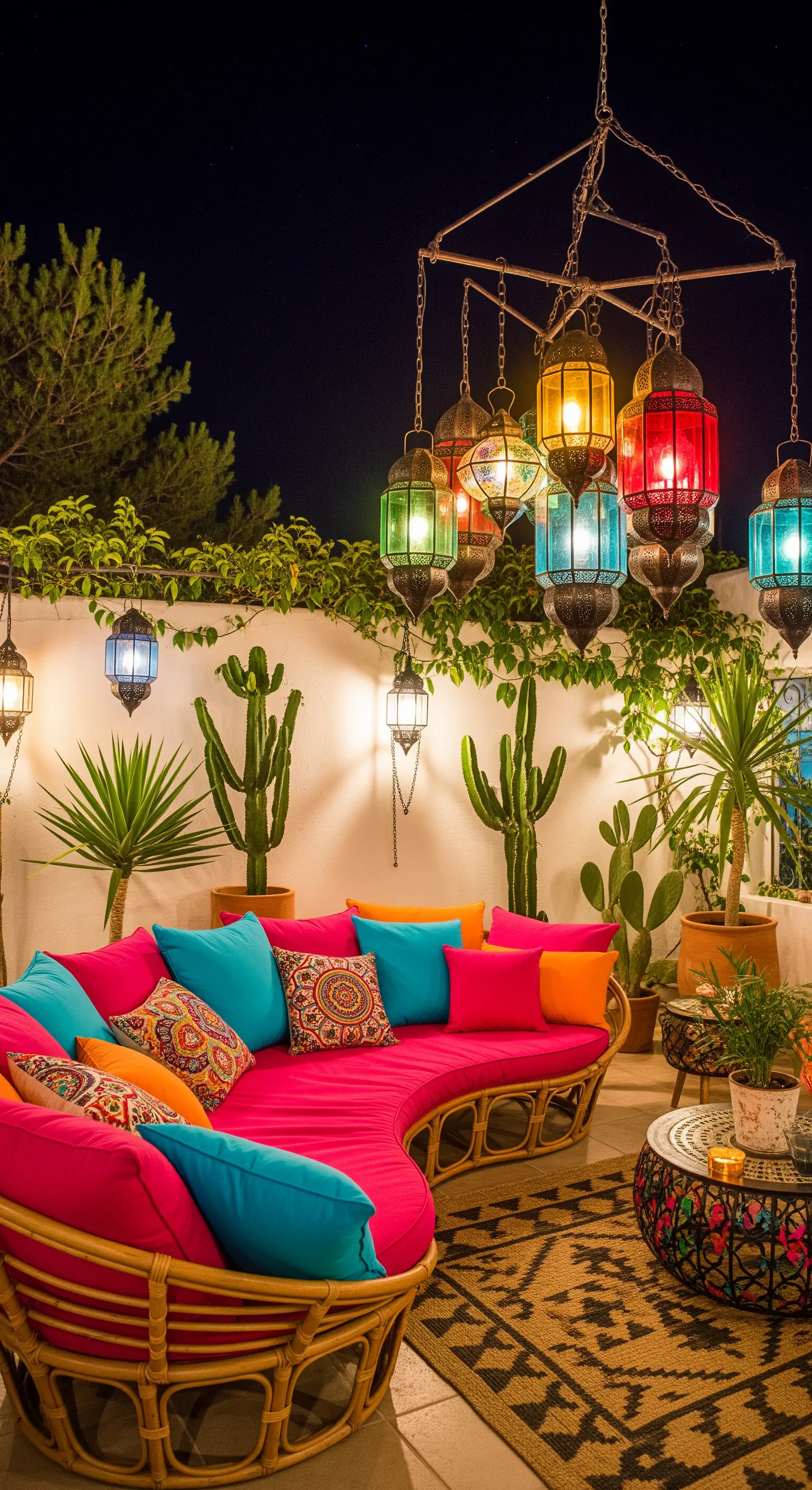 Divano curvo con cuscini fucsia e turchesi, circondato da lanterne di vetro colorato e cactus.
