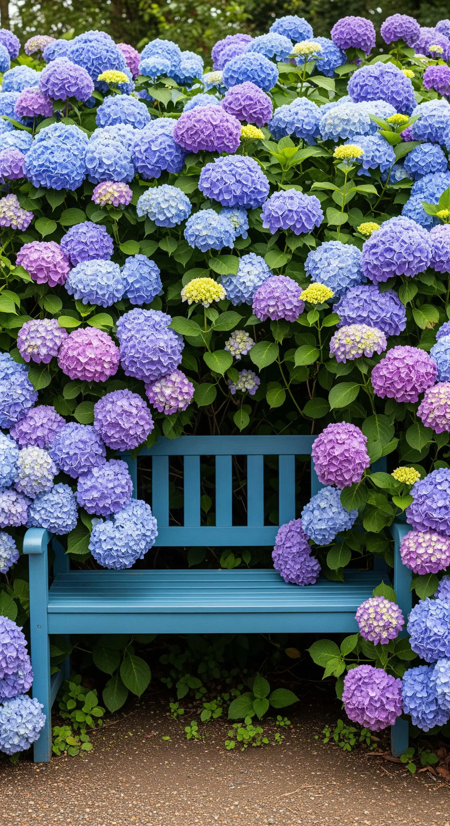Panchina di un blu acceso quasi sommersa da un'enorme siepe di ortensie blu e viola.