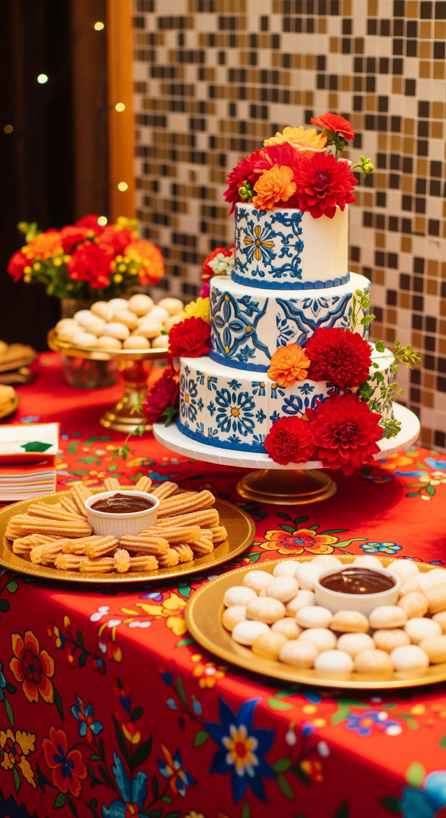 Tavolo da dessert a tema messicano con torta decorata, dalie rosse e churros.