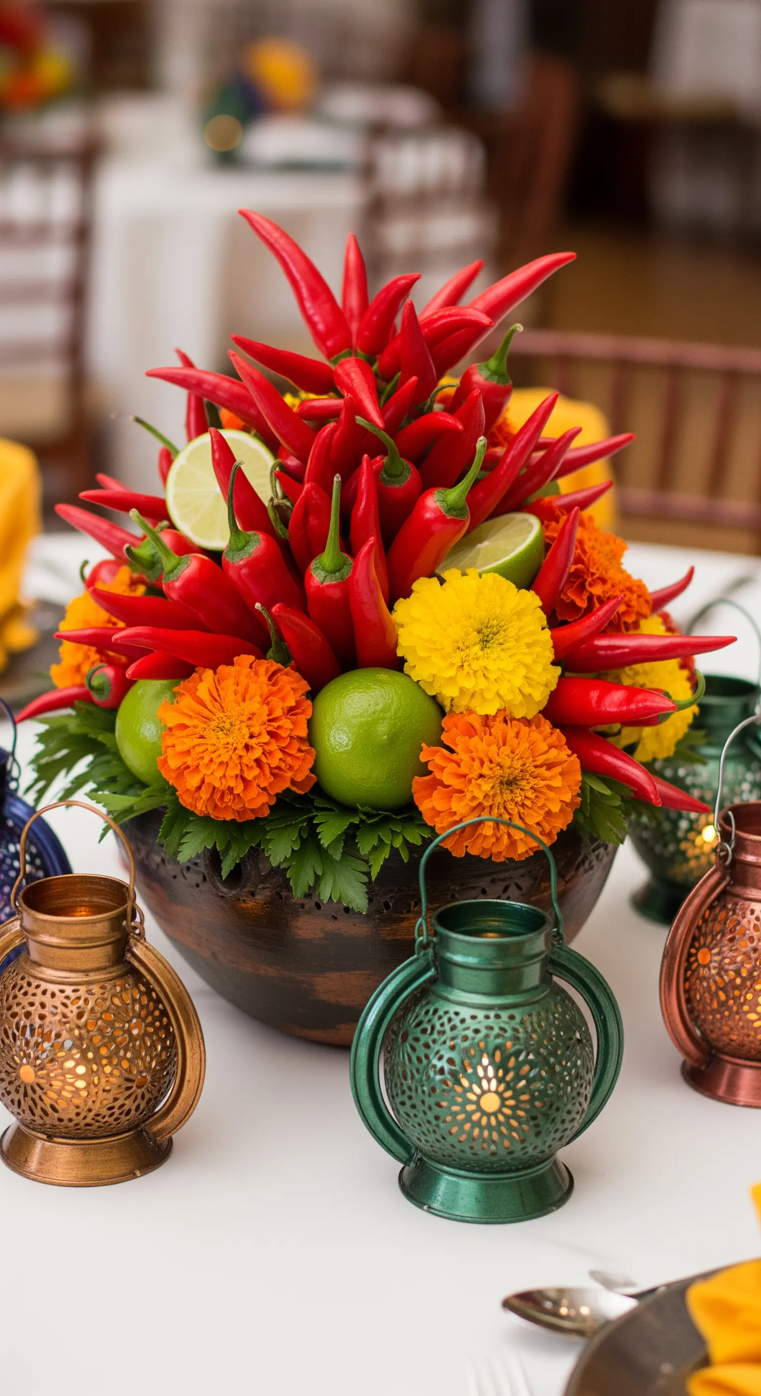 Centrotavola a tema messicano con peperoncini, lime e fiori colorati, circondato da lanterne.