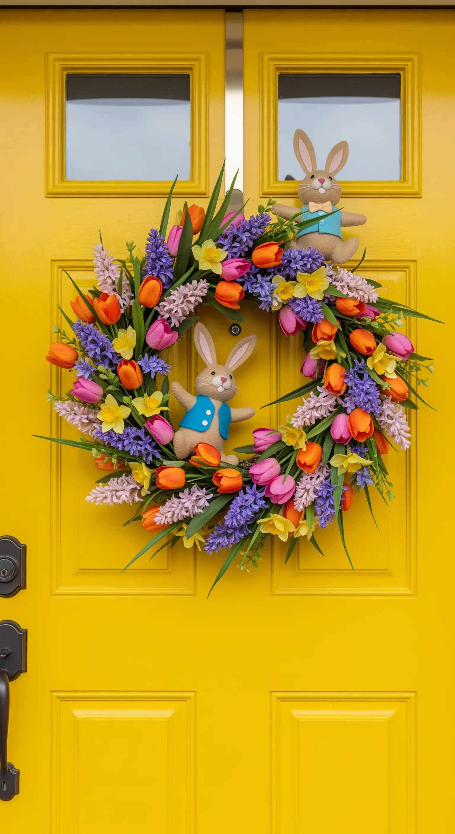 Ghirlanda di fiori primaverili colorati con tulipani e coniglietti su una porta gialla.