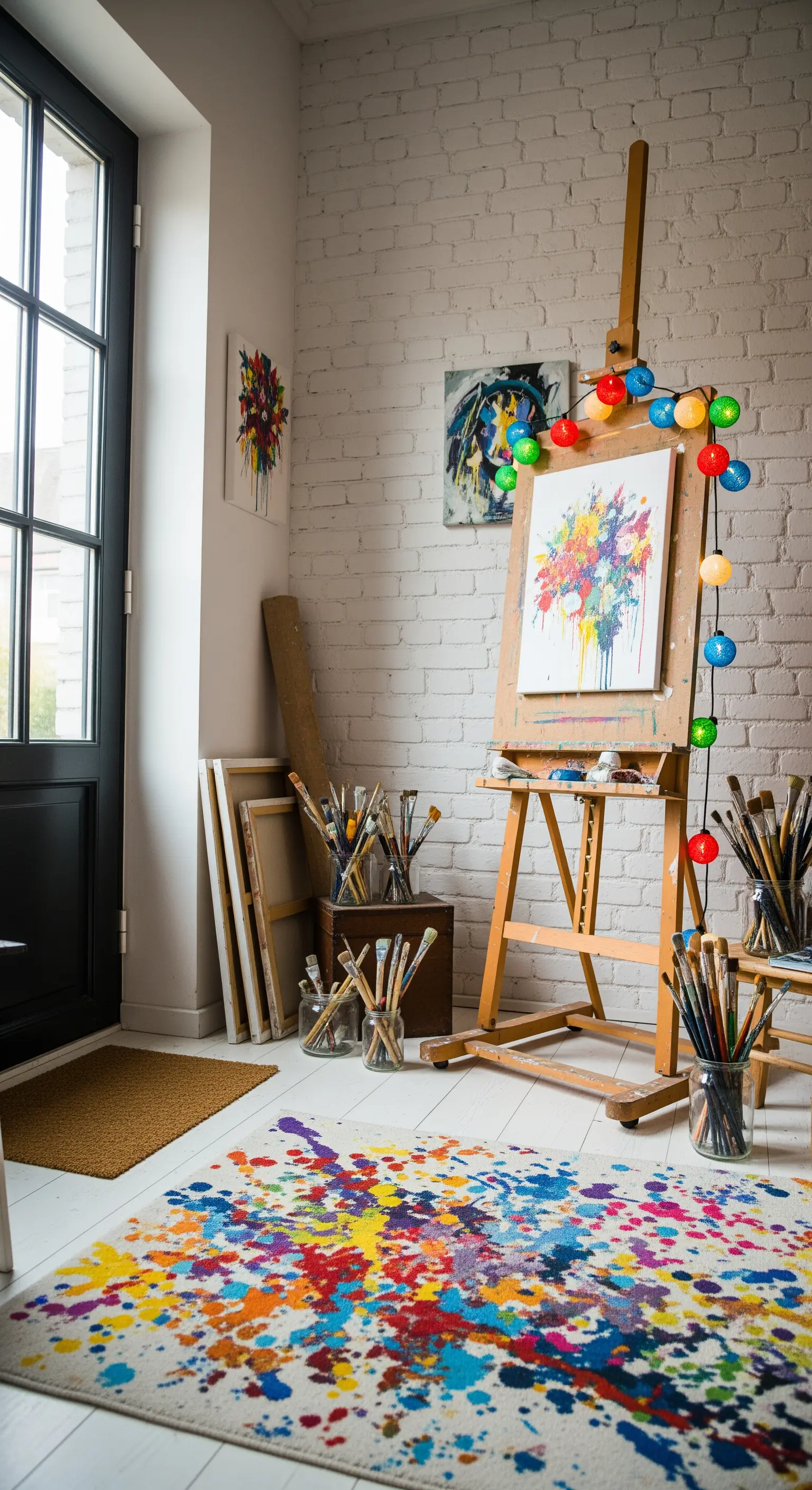 Studio d'artista con cavalletto avvolto da luci colorate e tappeto a macchie di vernice.