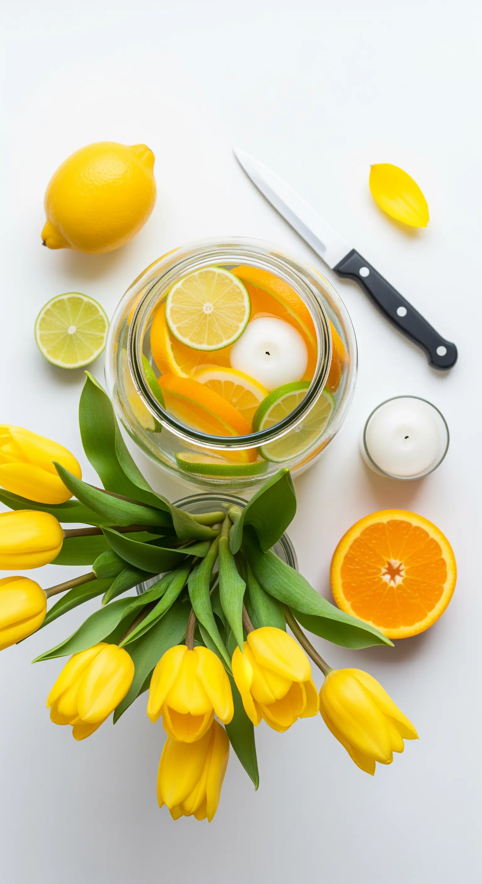 Centrotavola energico con tulipani gialli e un vaso pieno di fette di agrumi e acqua.