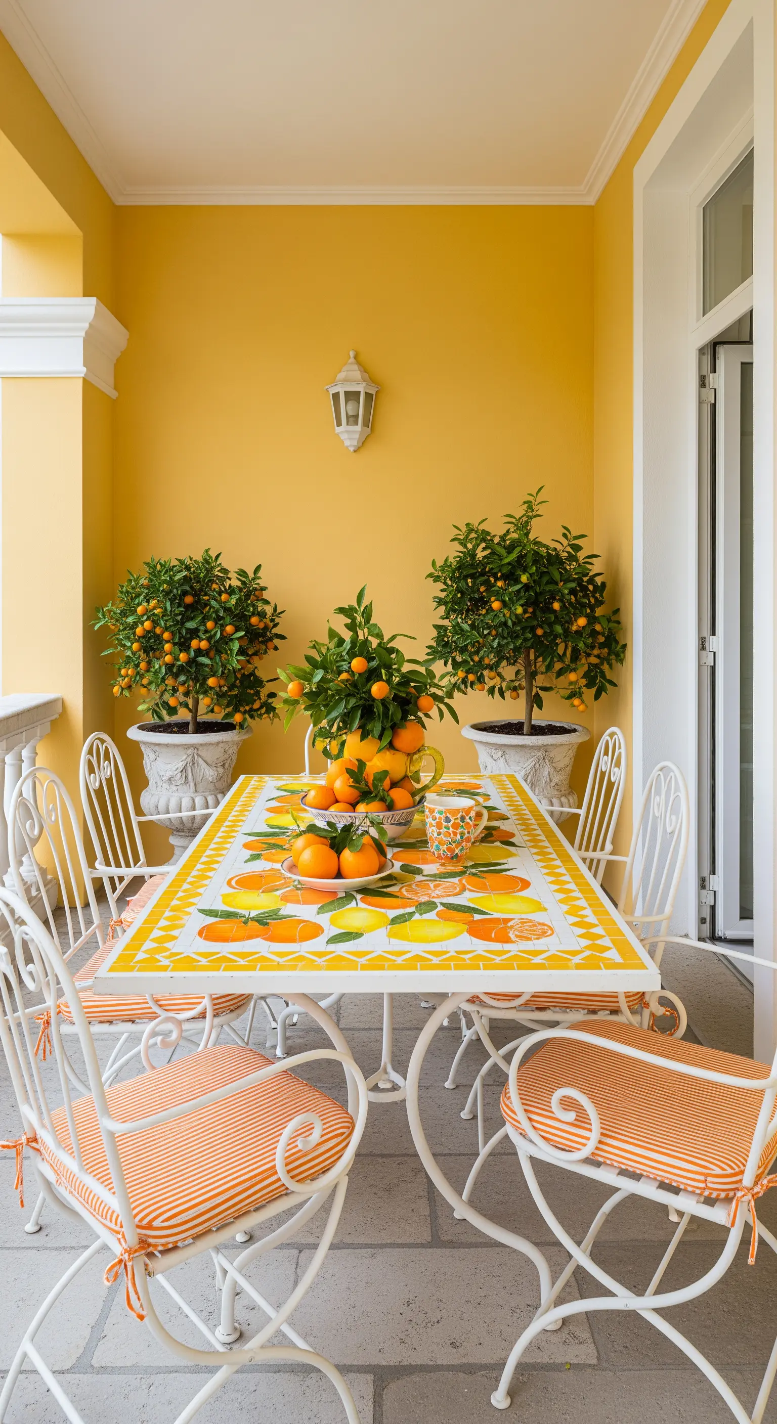 Veranda gialla con tavolo a mosaico a tema agrumi e sedie bianche in ferro.