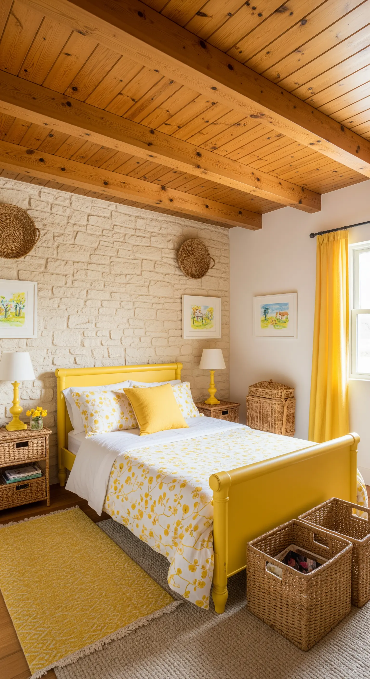 Camera da letto rustica con parete in pietra chiara e arredi dipinti di giallo brillante.