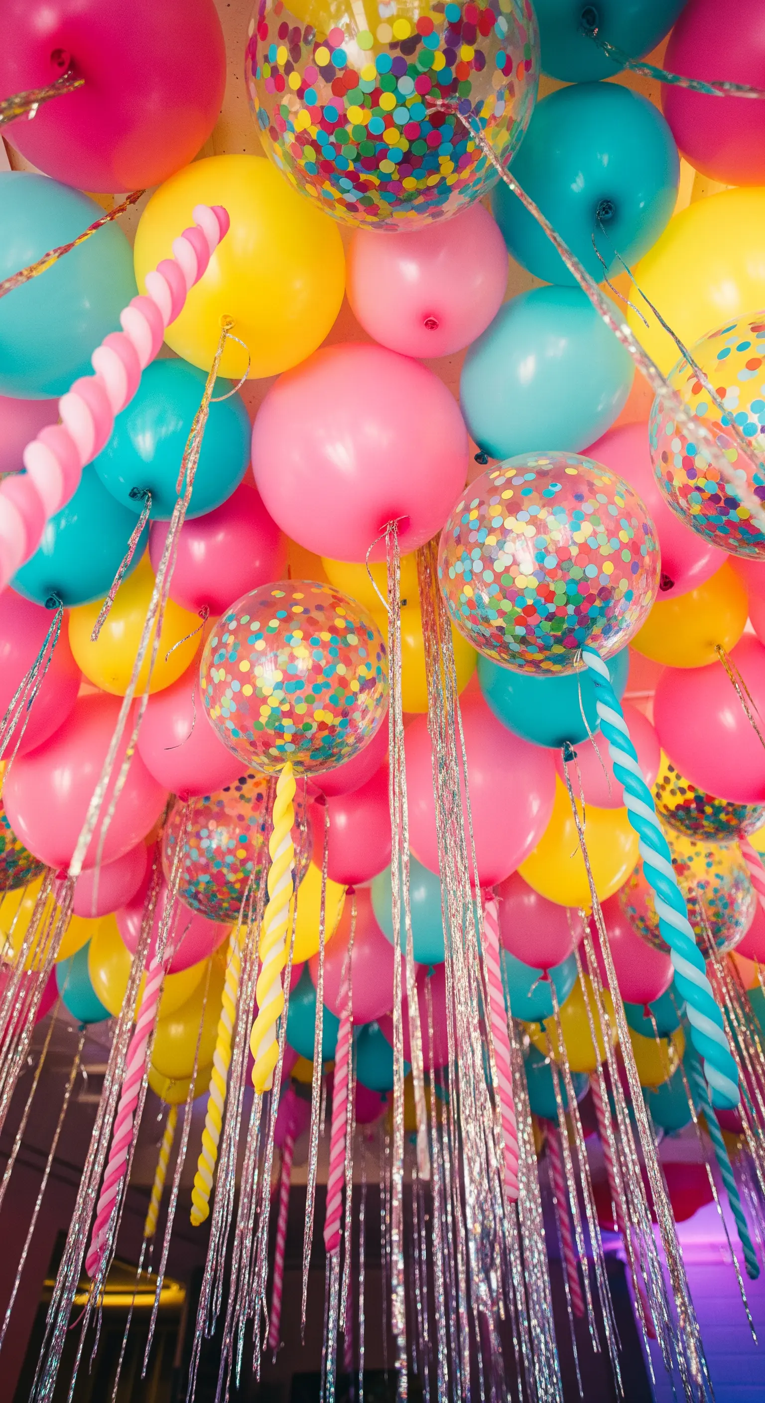 Un soffitto pieno di palloncini colorati, coriandoli, e decorazioni a spirale.