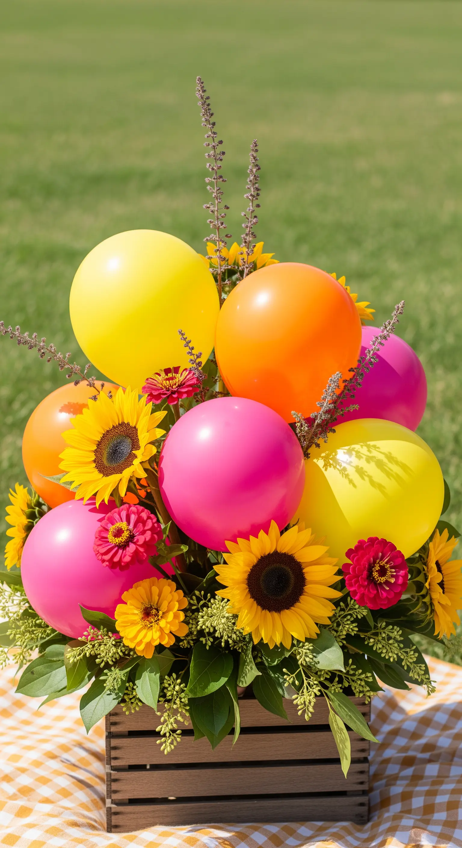 Composizione estiva in una cassetta di legno con palloncini colorati e girasoli.