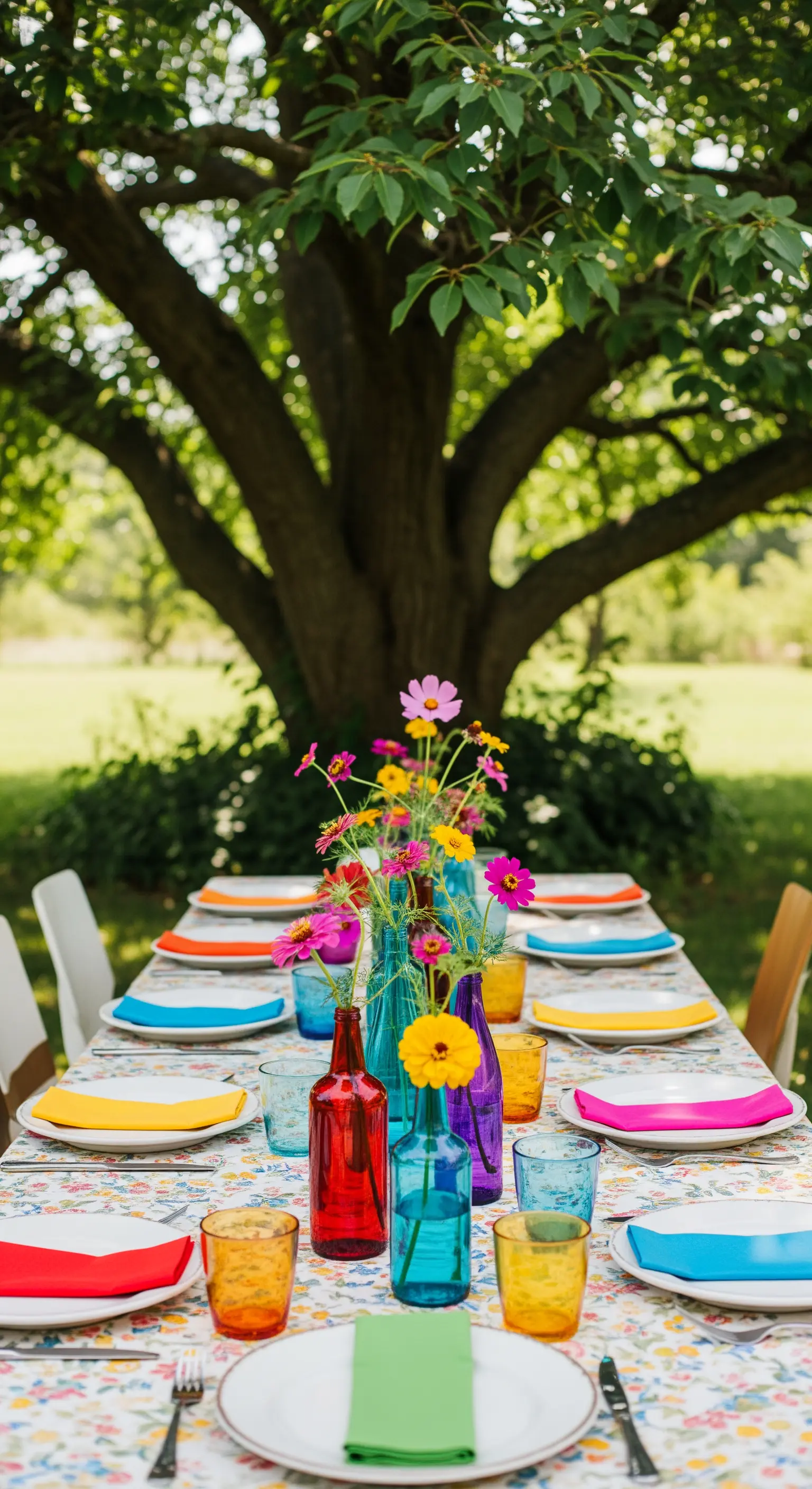Tavola estiva molto colorata con bottiglie di vetro, fiori vivaci e tovaglioli di colori diversi