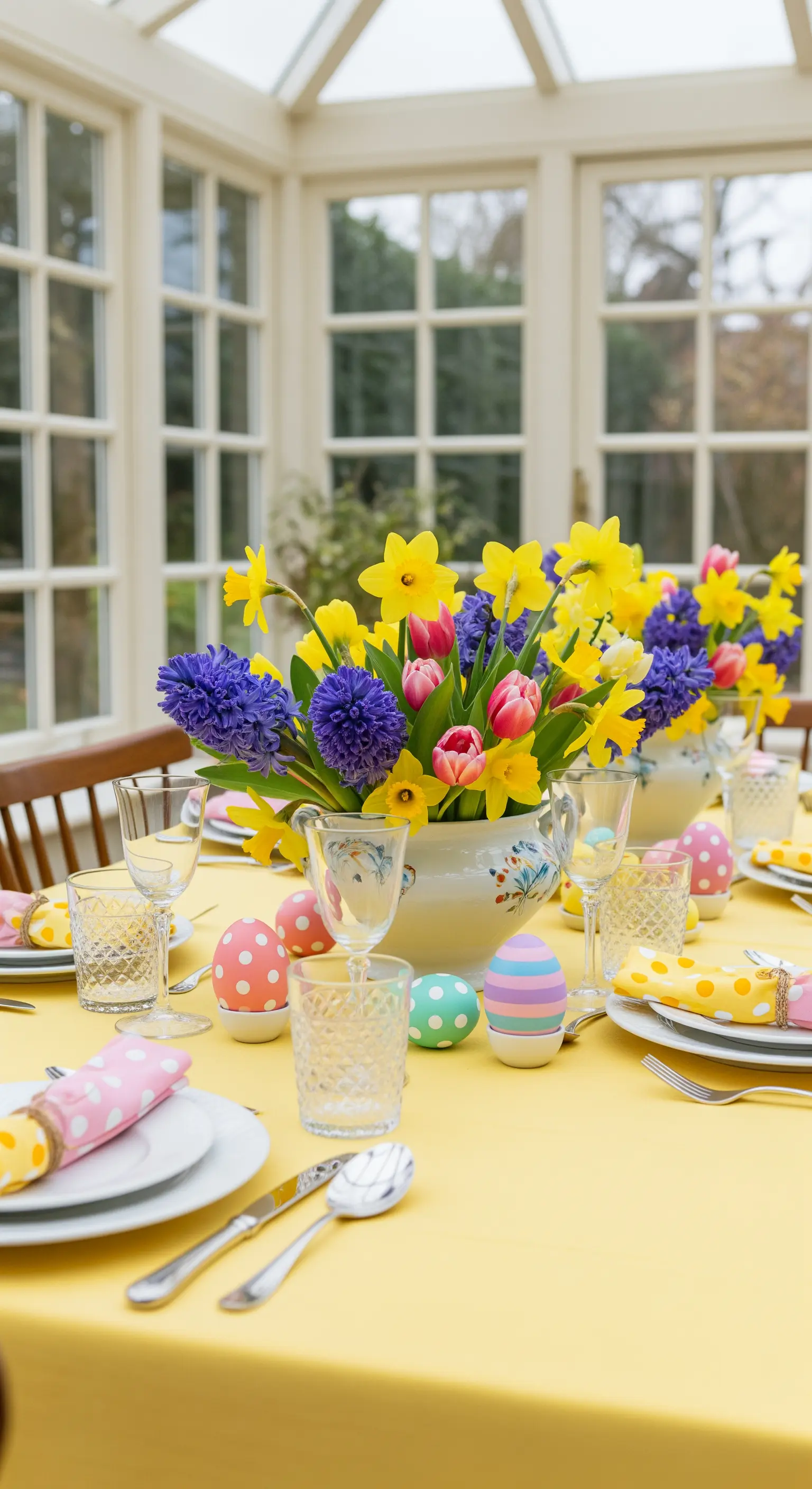 Tavola pasquale in una veranda, con tovaglia gialla, fiori primaverili e uova a pois.