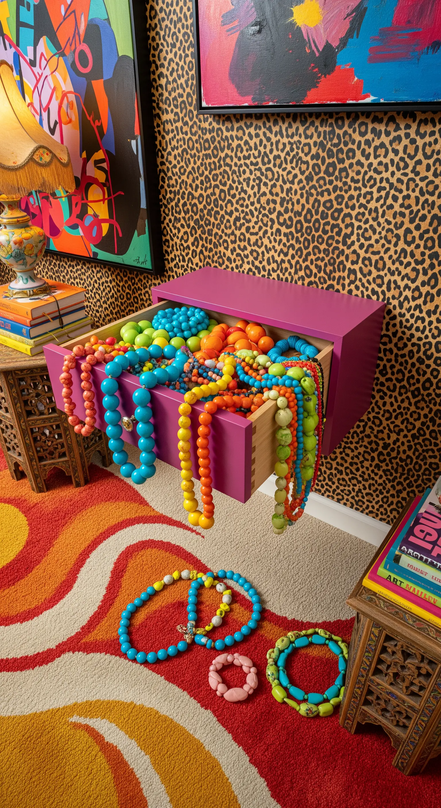 Cassetto magenta sospeso, stracolmo di collane di perle colorate, in una stanza massimalista.