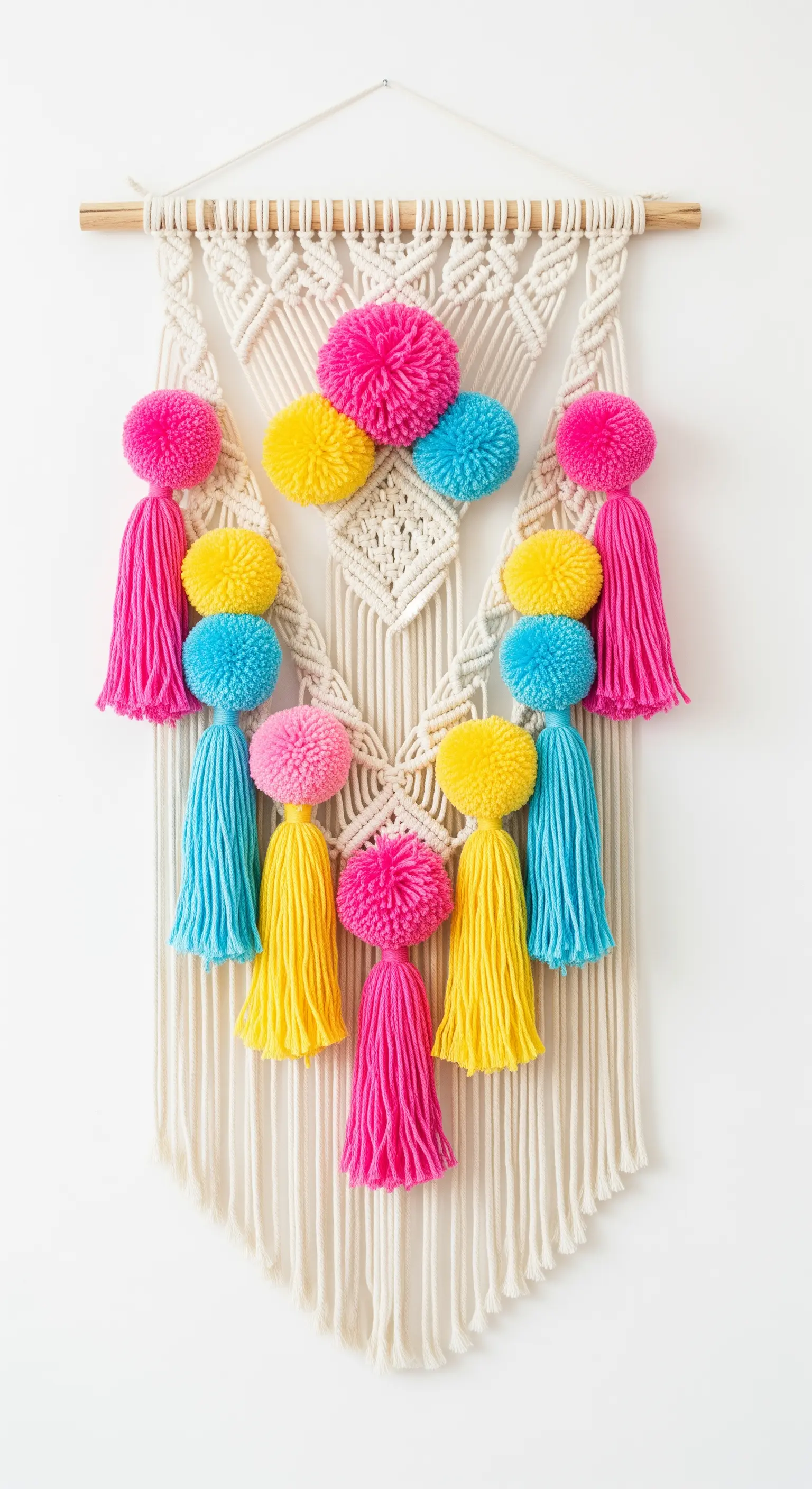 Arazzo in macramè avorio decorato con pom-pom e nappine dai colori vivaci come fucsia e giallo.