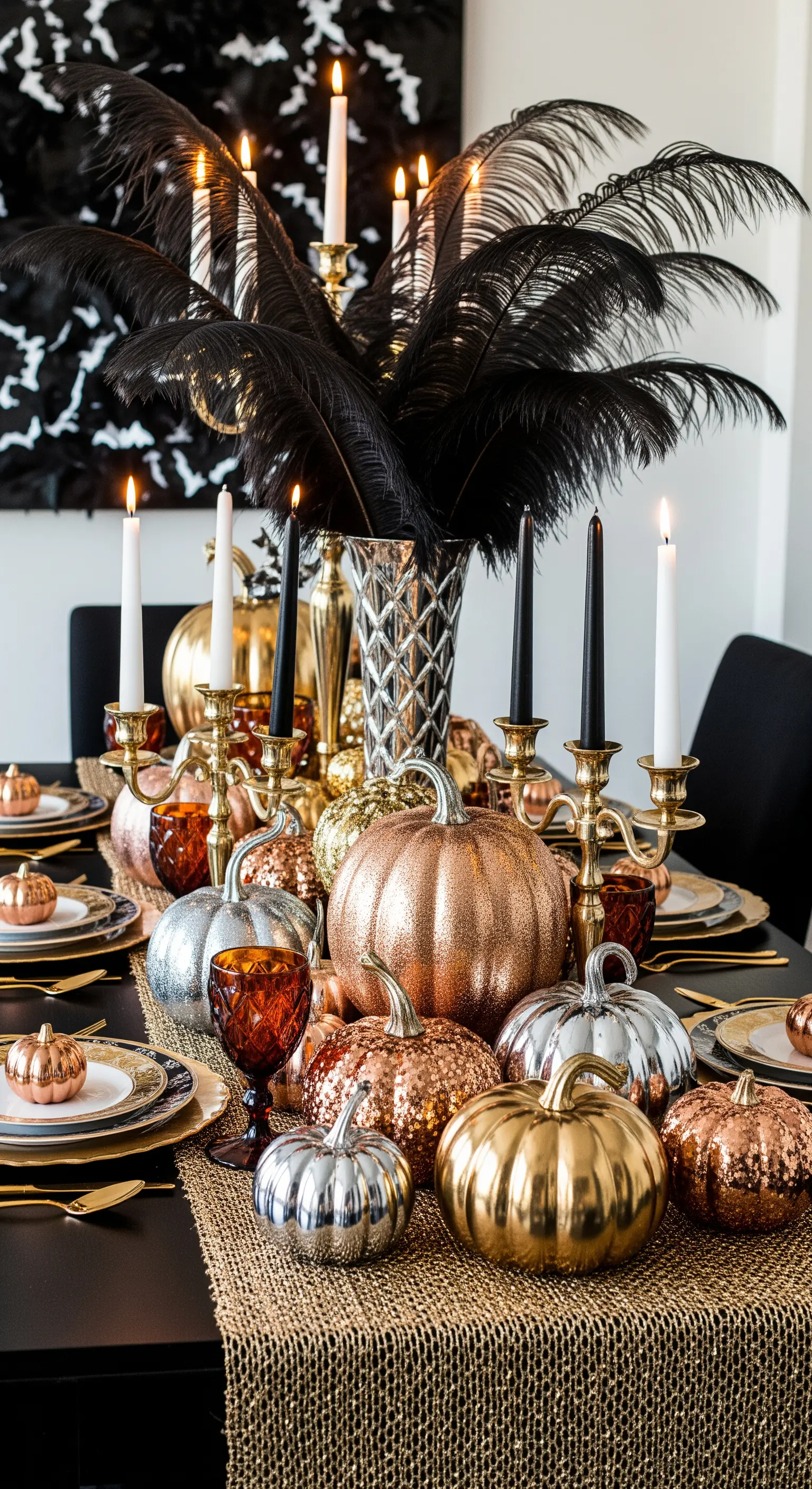 Mix di zucche glitter oro, argento e rame su runner di iuta.