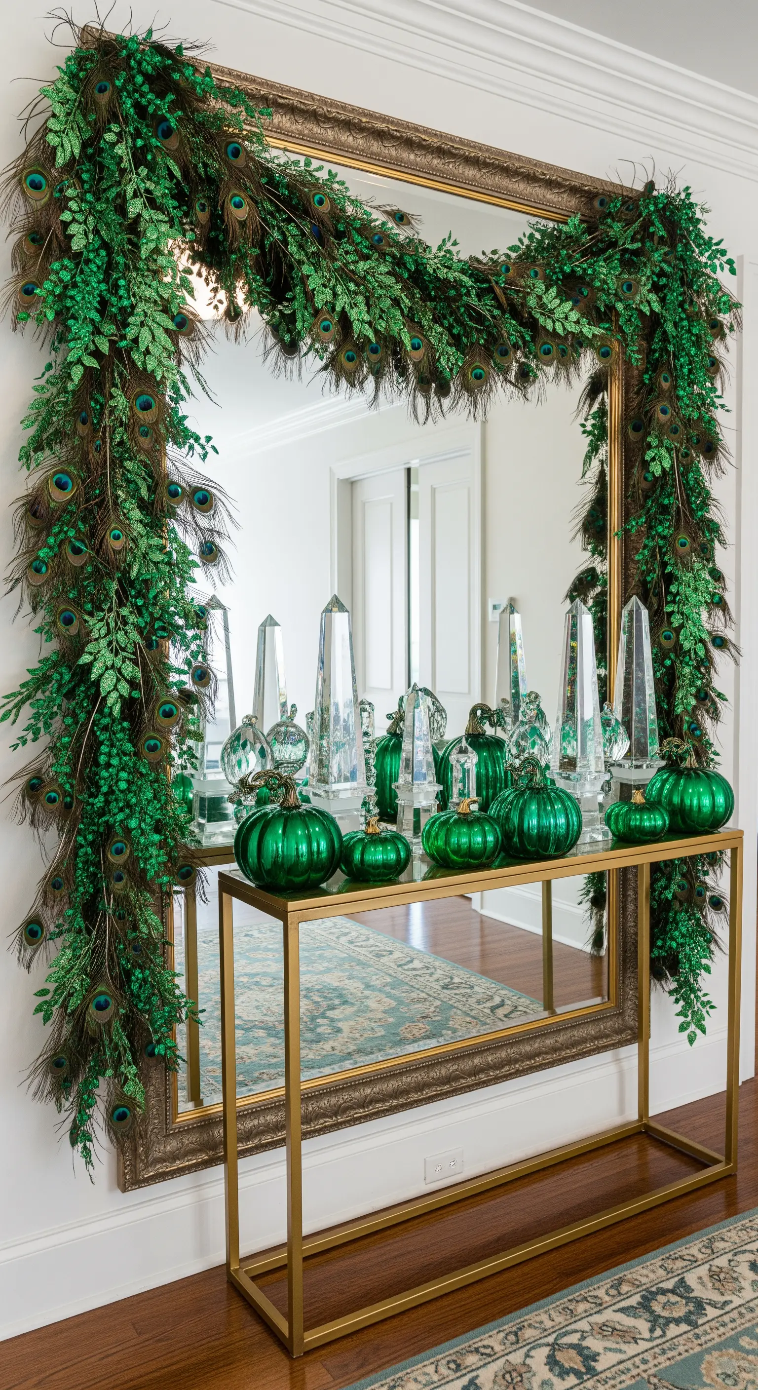 Specchio con cornice dorata avvolto da una ghirlanda di piume di pavone e zucche verdi.