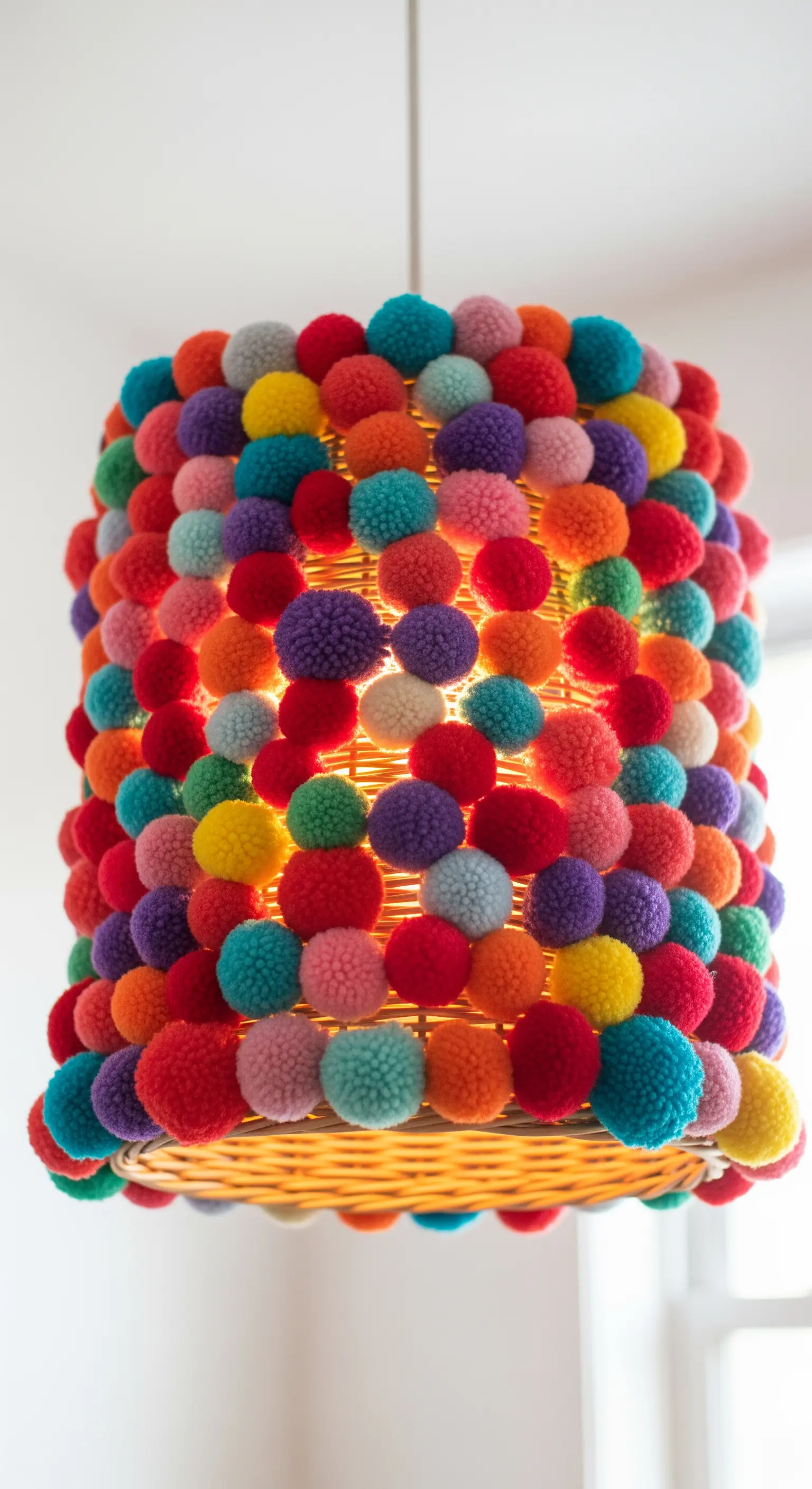 Paralume in vimini interamente ricoperto di pom-pom colorati.