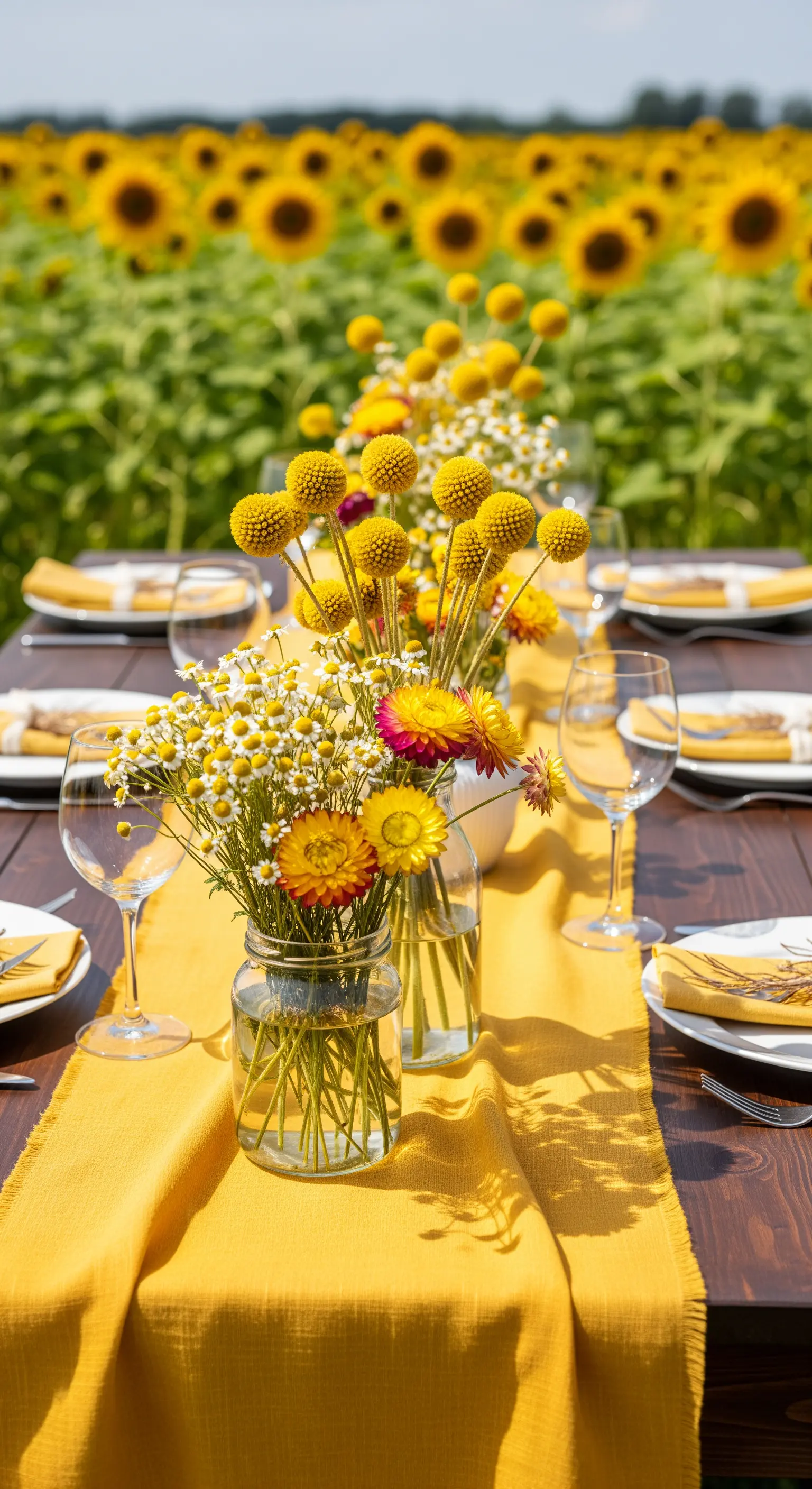 Tavolo in un campo di girasoli con runner giallo e fiori di campo.