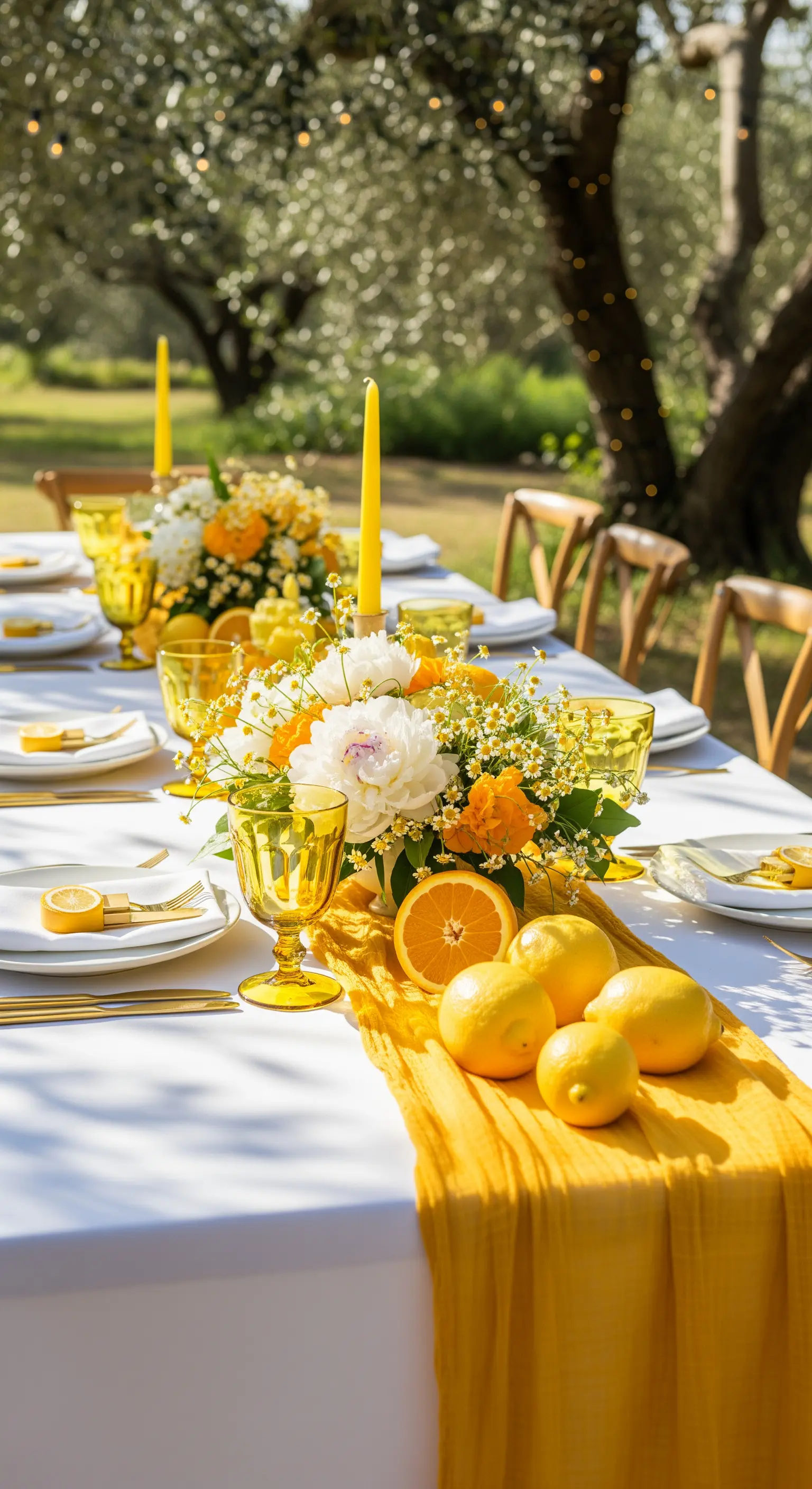 Tavola estiva in un uliveto con runner giallo, limoni freschi e fiori gialli e bianchi.