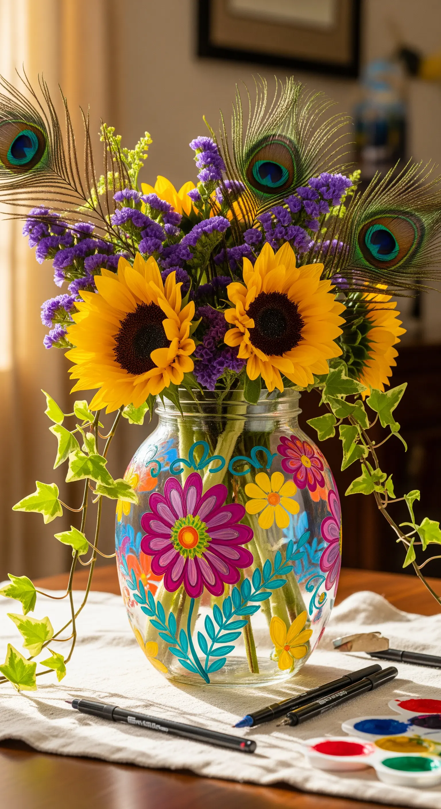 Barattolo di vetro dipinto con fiori colorati, riempito con girasoli e piume di pavone.