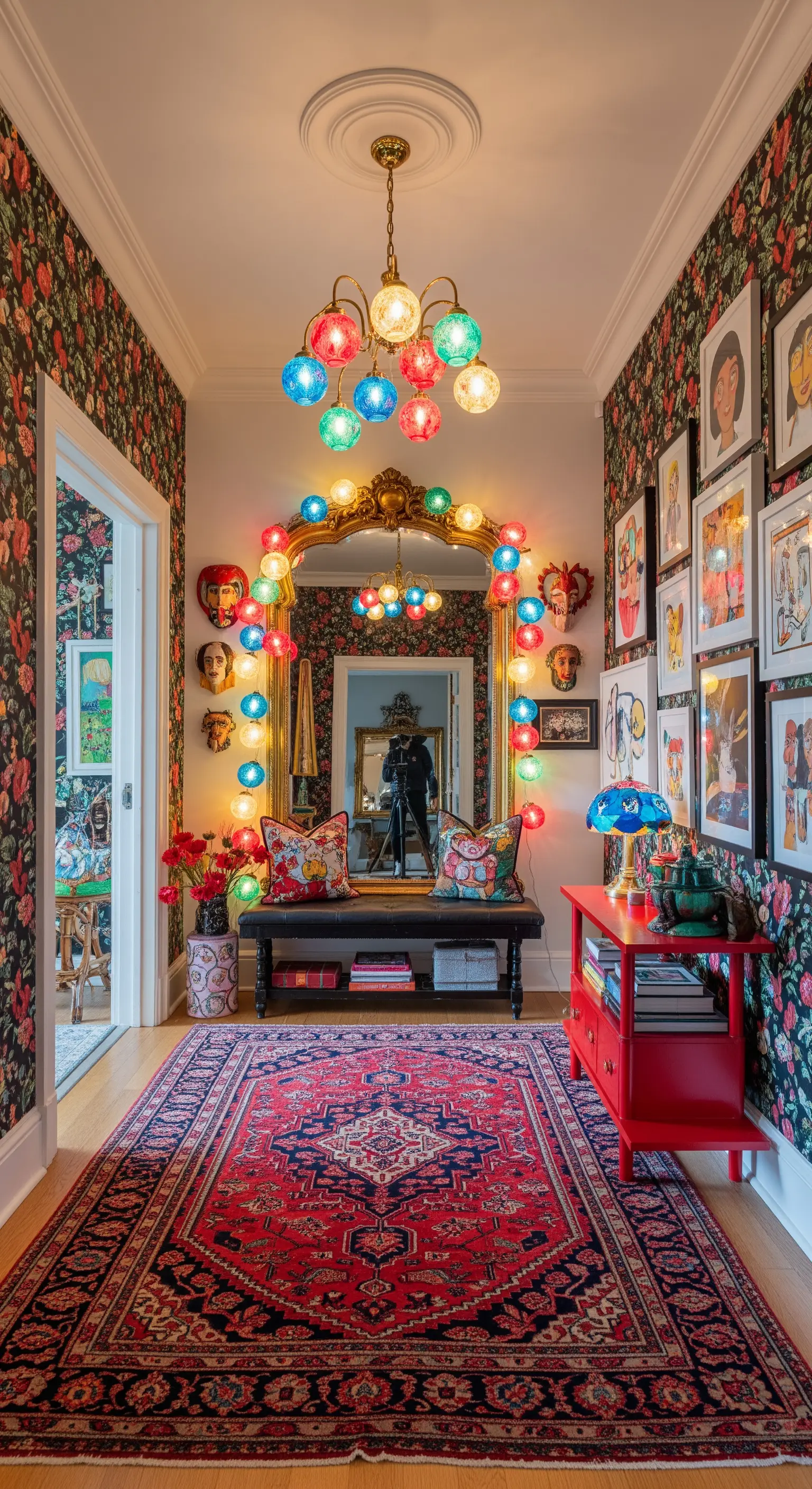 Ingresso massimalista con carta da parati floreale, specchio dorato e luci a bulbo colorate.
