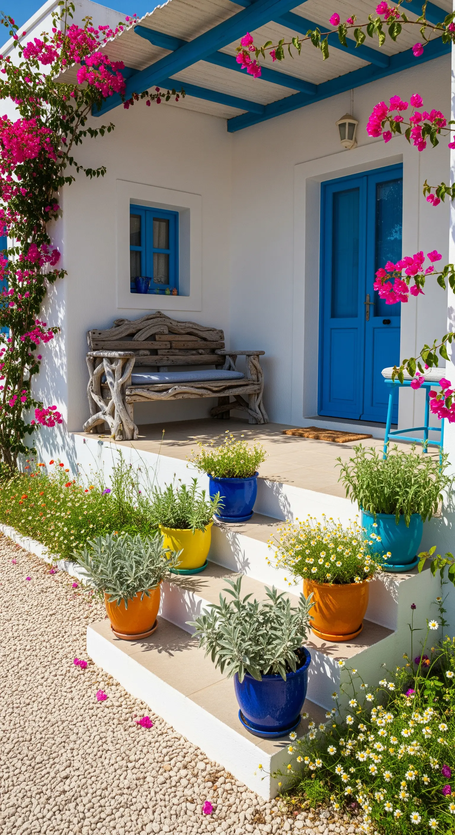 Veranda bianca in stile greco con porta blu, bouganville e vasi di erbe aromatiche colorati.
