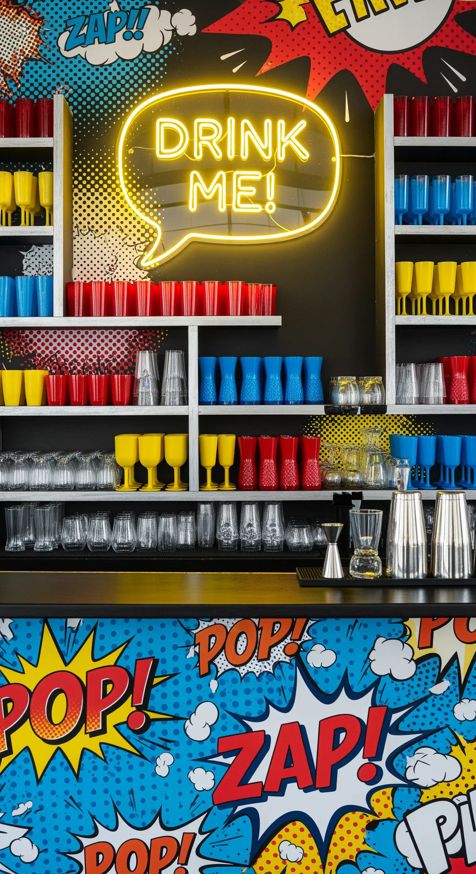 Bar in stile pop art con grafiche da fumetto, colori primari e insegna al neon 