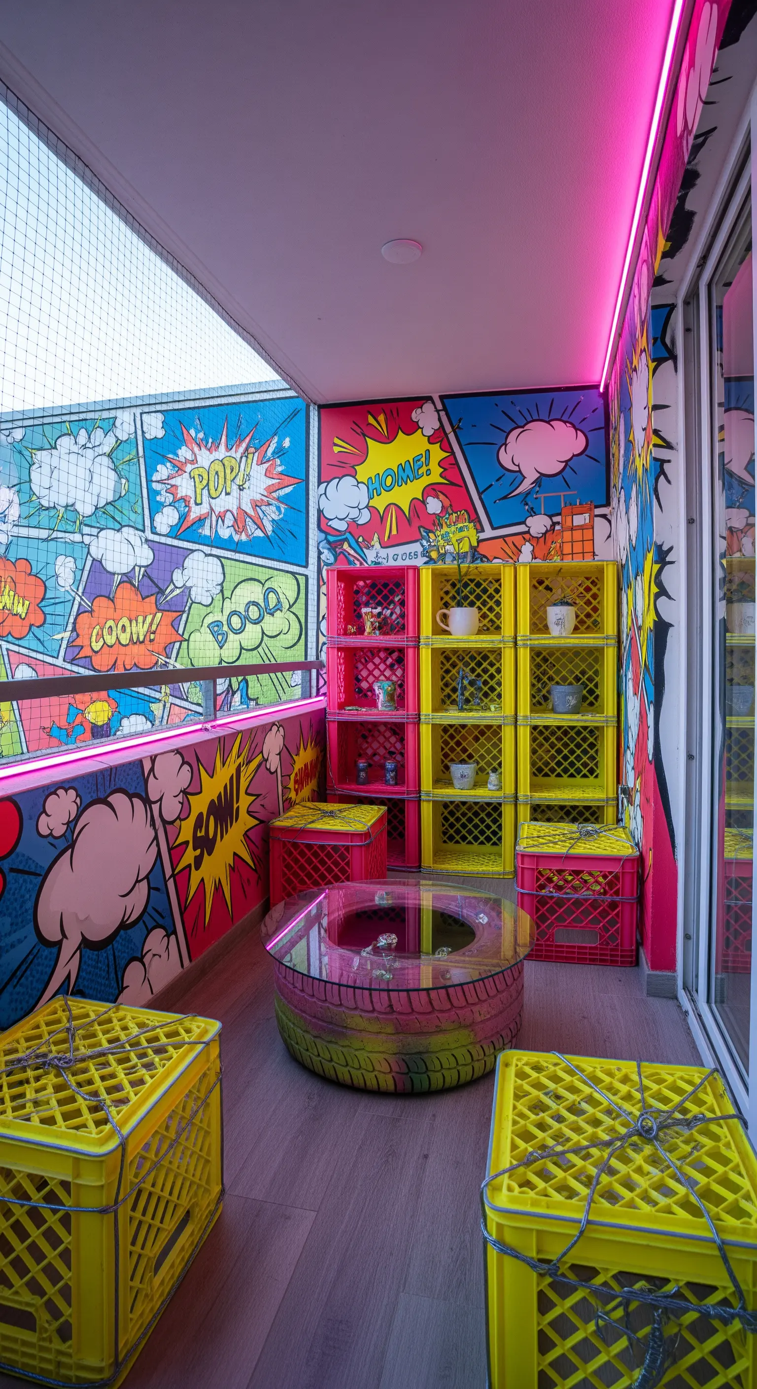 Balcone con murale a fumetti, scaffali e sedute fatte di cassette di plastica colorate.