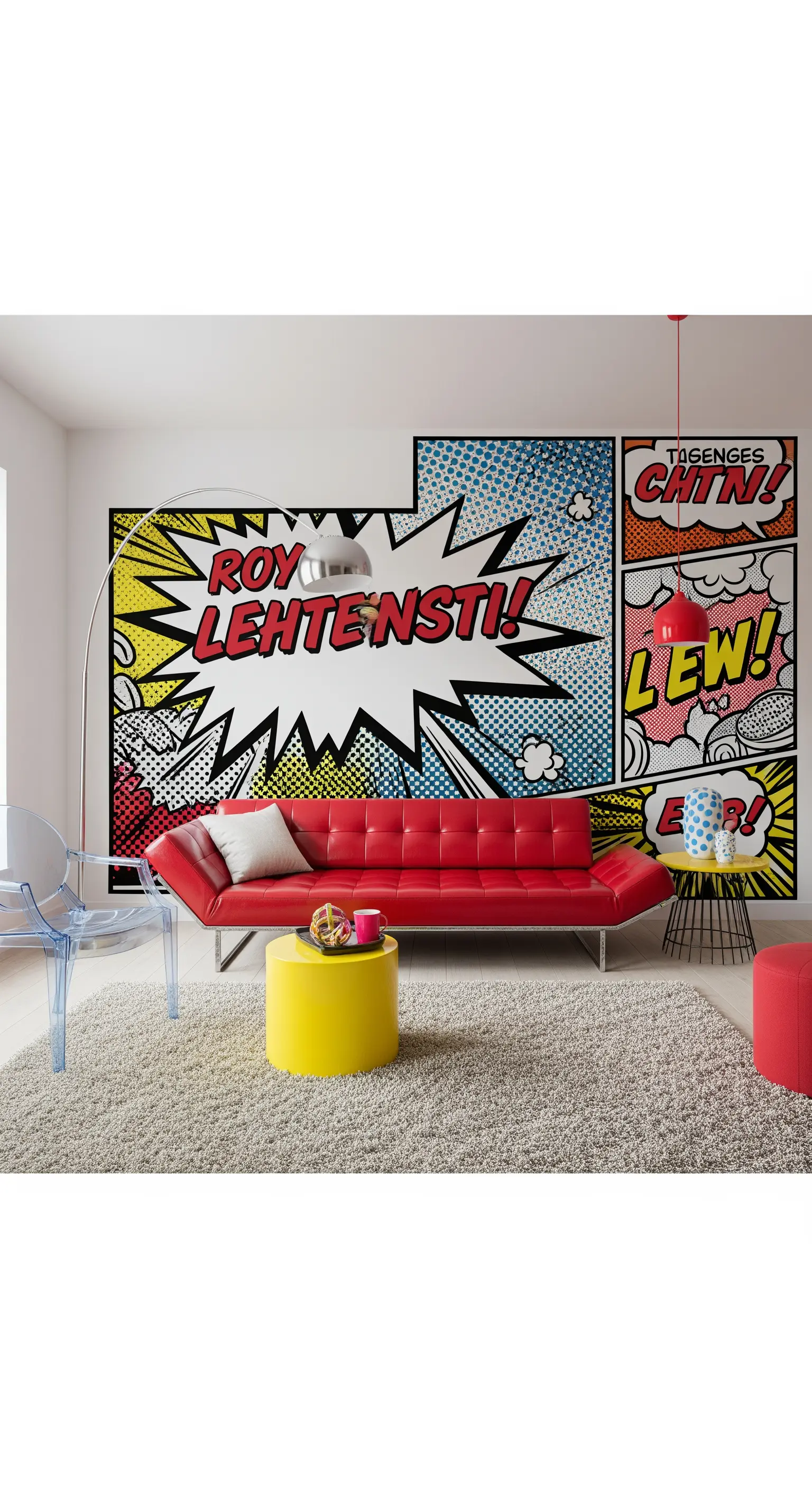 Soggiorno in stile Pop Art con murale a fumetti e un divano in pelle rossa.
