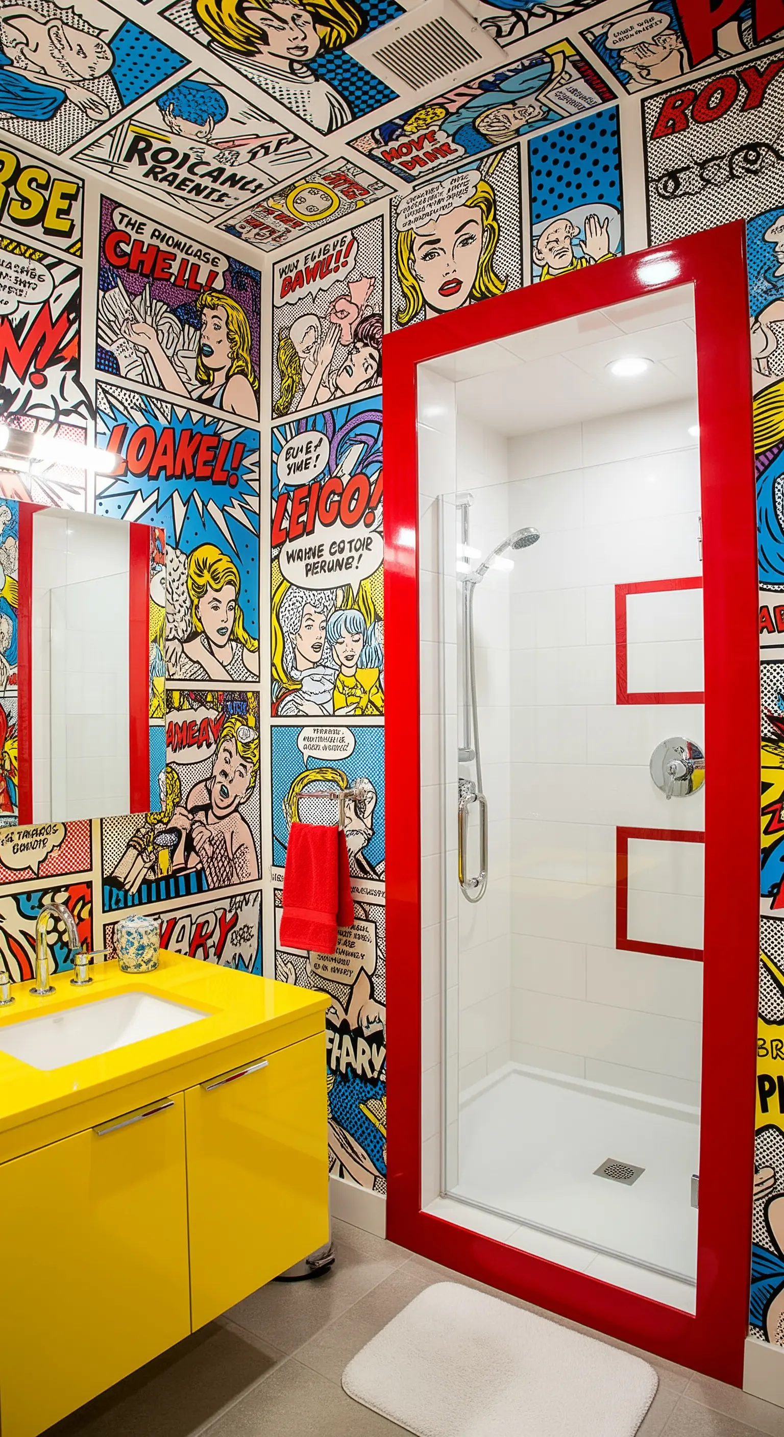 Bagno rivestito con carta da parati a fumetti Pop Art, con porta della doccia rossa.