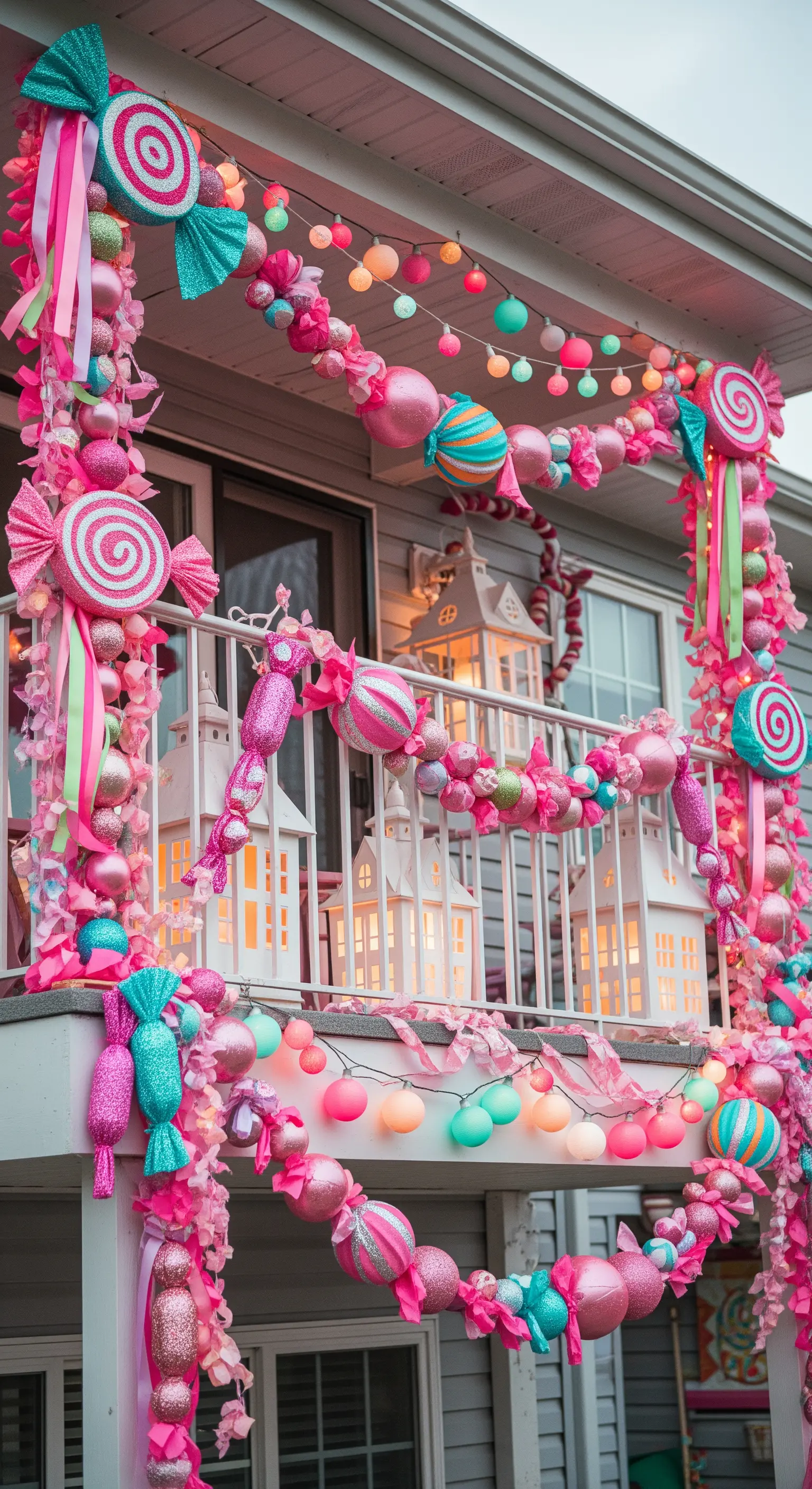Balcone decorato in modo esuberante con ghirlande rosa, finte caramelle e luci colorate