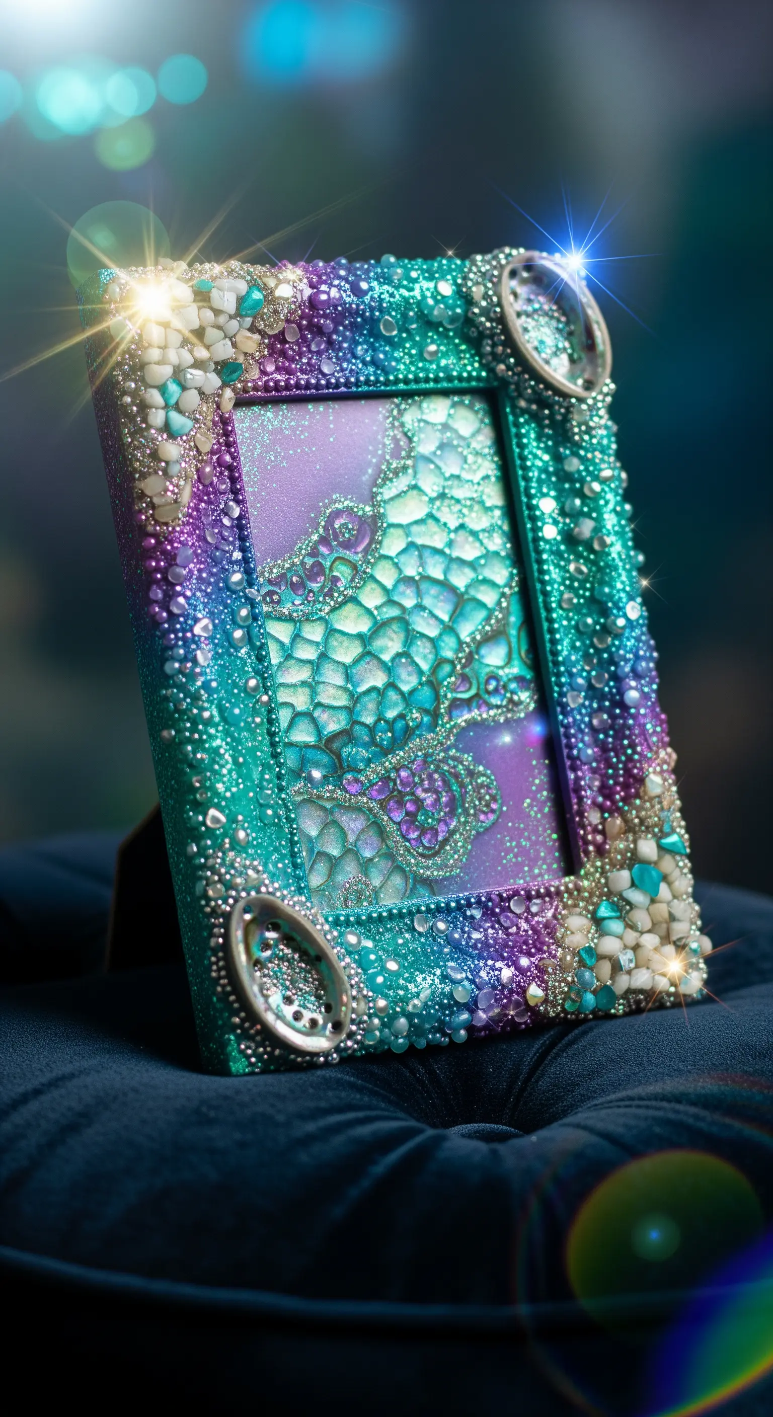 Cornice molto decorata con glitter viola e turchese, piccole pietre e dettagli argentati.