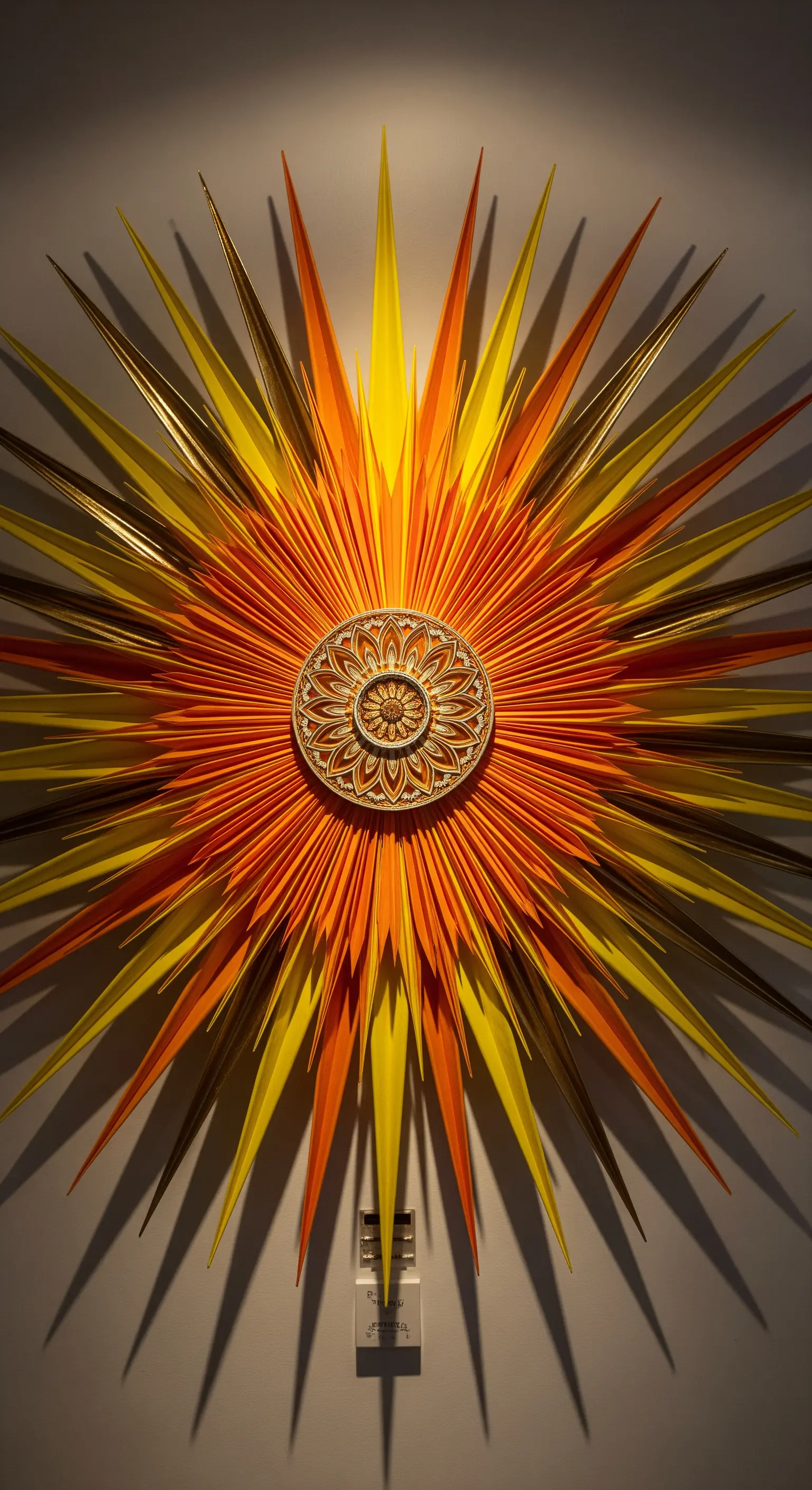 Grande decorazione murale a forma di sole, con un centro decorato e lunghi raggi appuntiti arancioni e gialli.