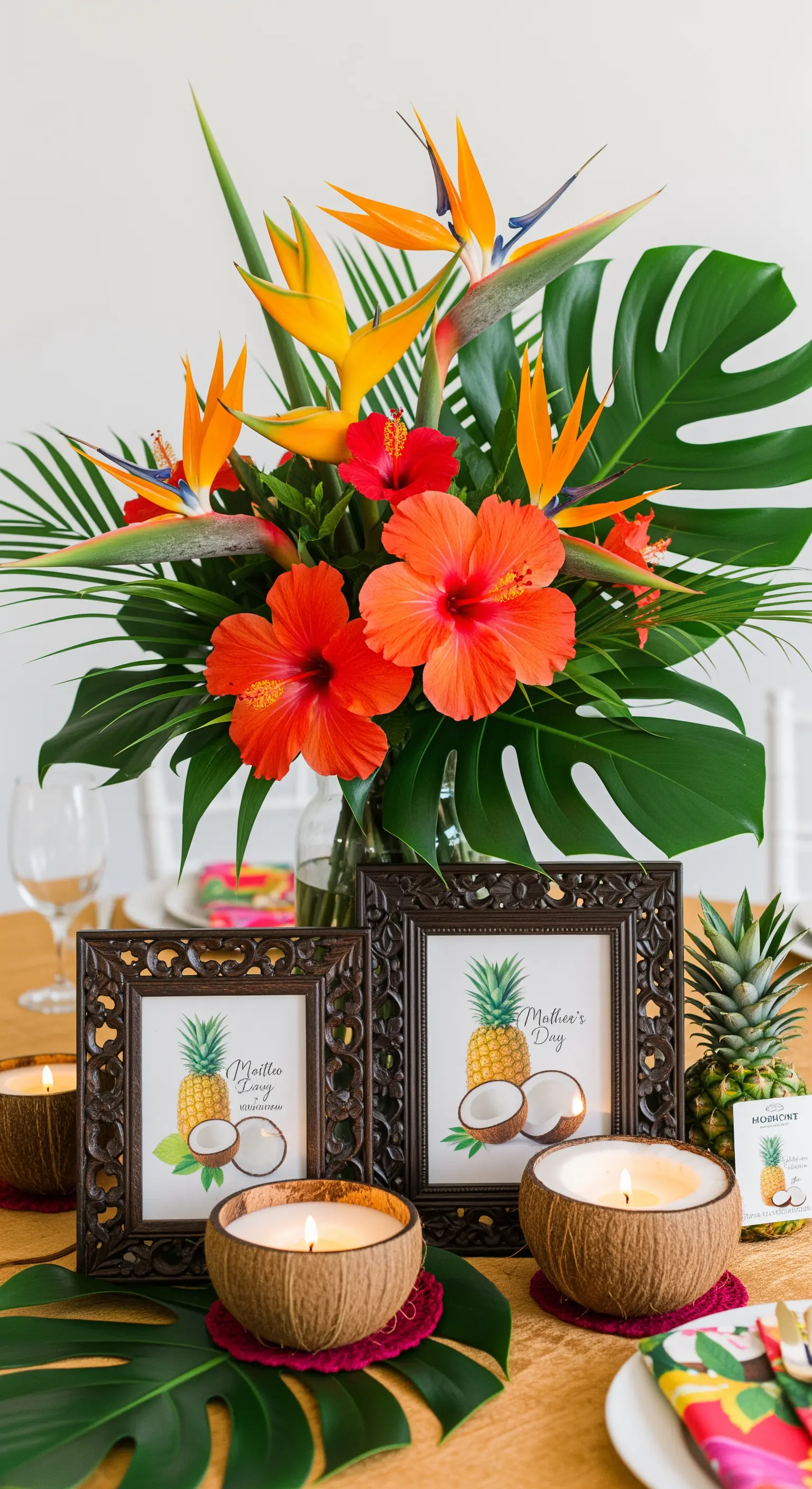 Centrotavola tropicale con ibisco e sterlizie, candele nel cocco e cornici a tema.