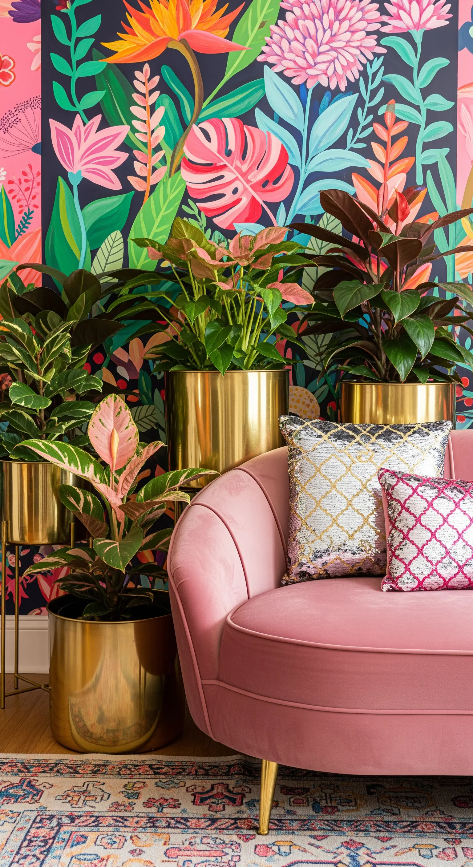 Divano rosa davanti a una carta da parati tropicale, con piante in vasi dorati lucidi.