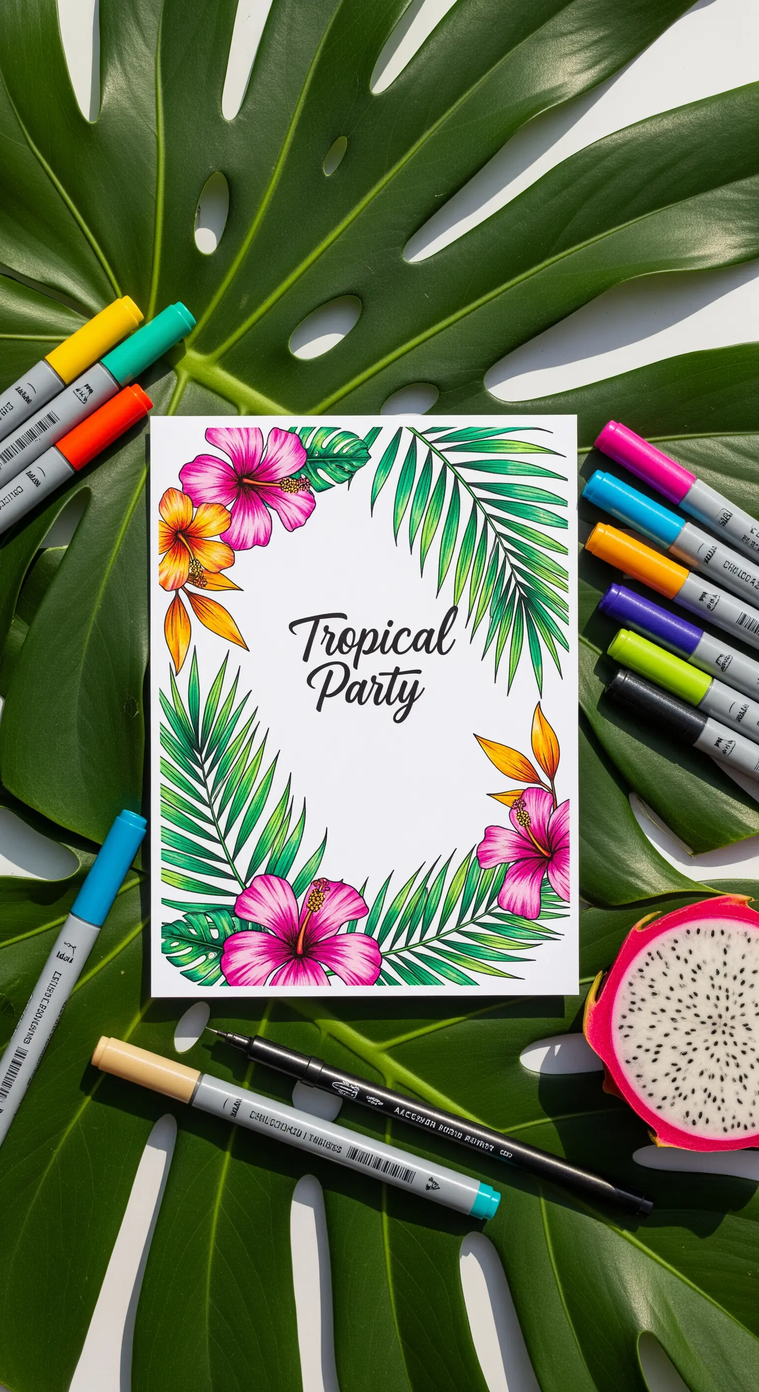 Invito a tema tropicale con fiori di ibisco e foglie di monstera disegnati con pennarelli.