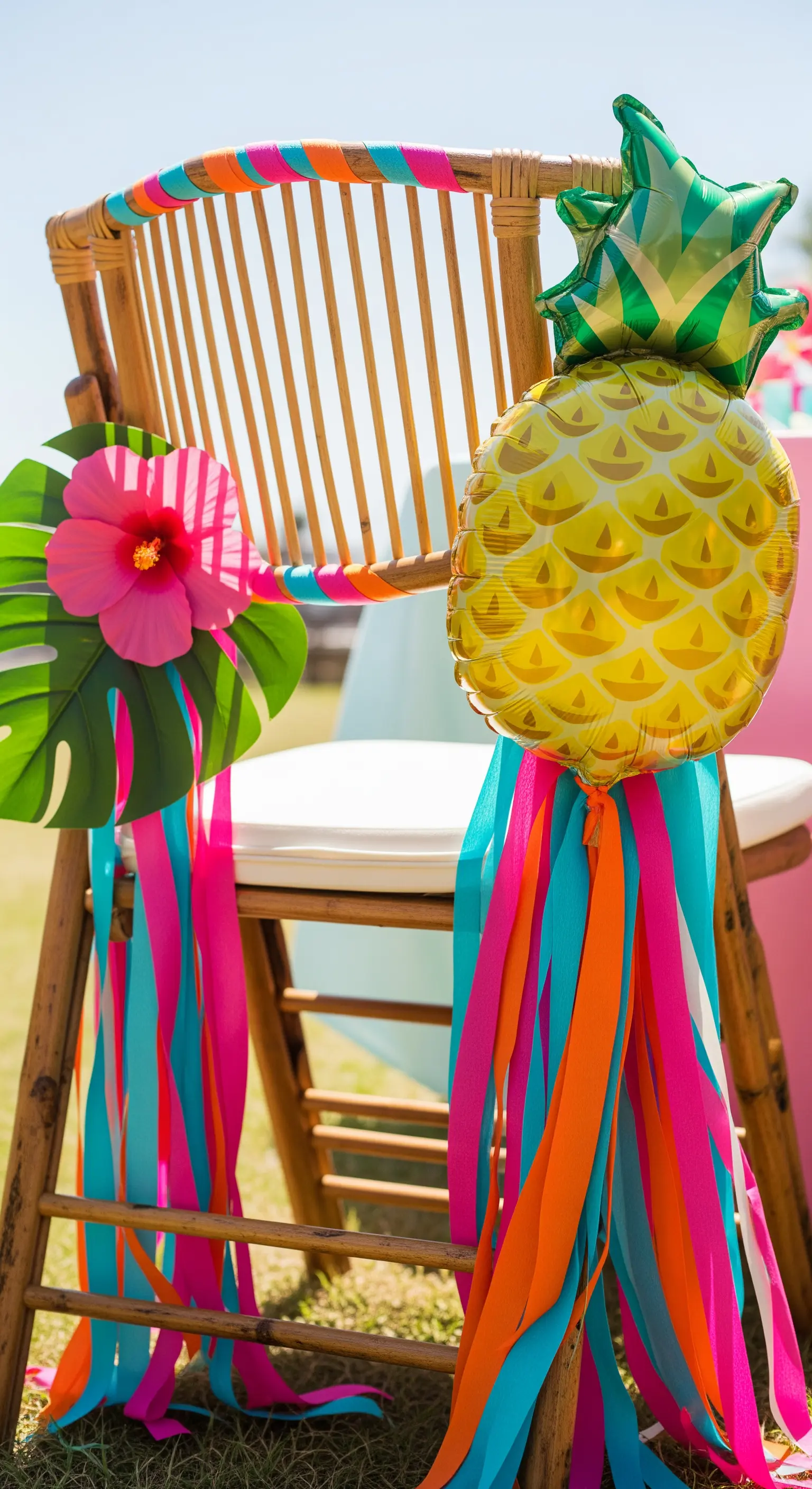 Sedia in bambù con nastri colorati, fiore di ibisco e palloncino a forma di ananas.