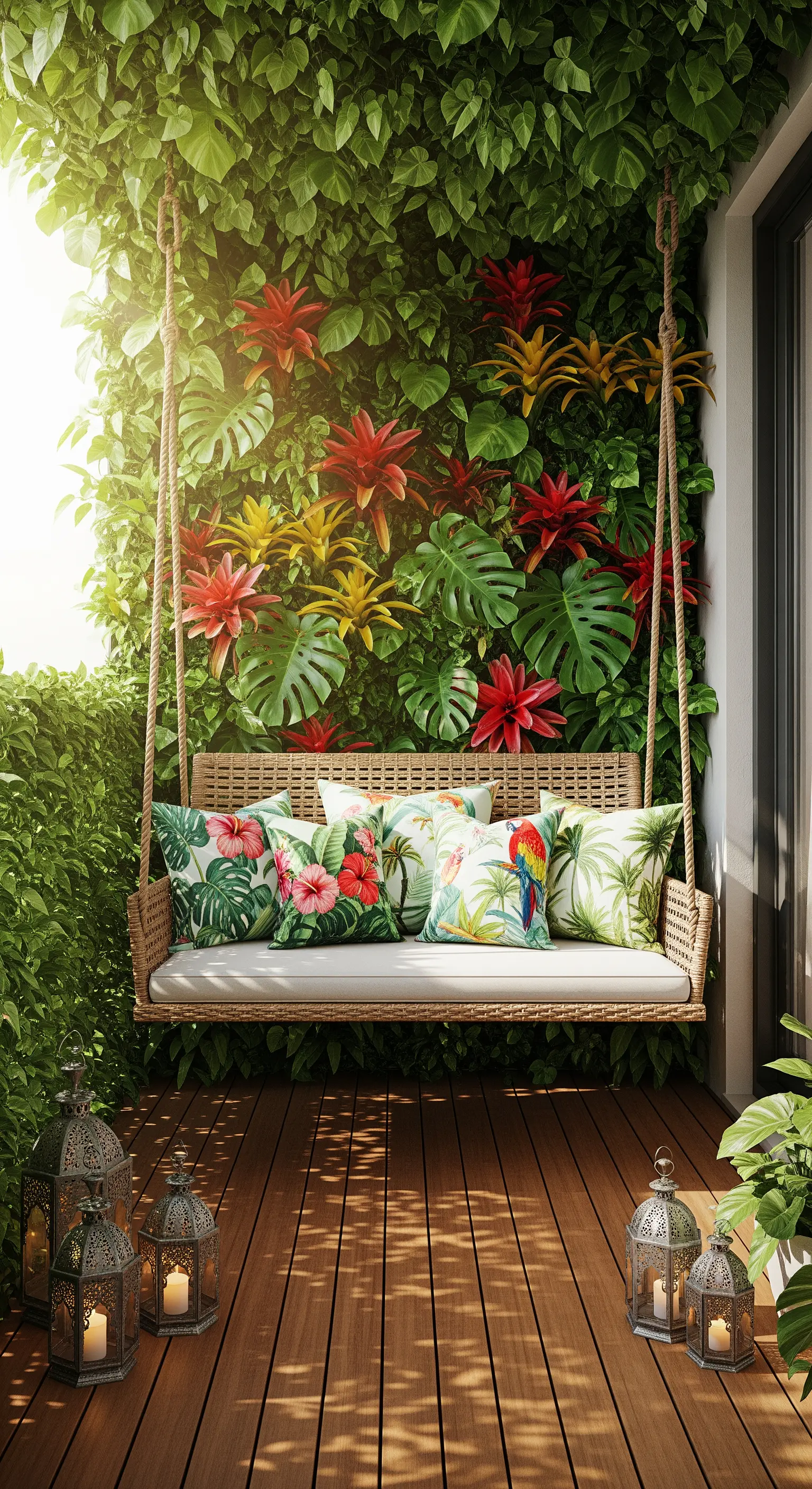 Dondolo in rattan con cuscini a tema tropicale davanti a una parete verde con fiori rossi.