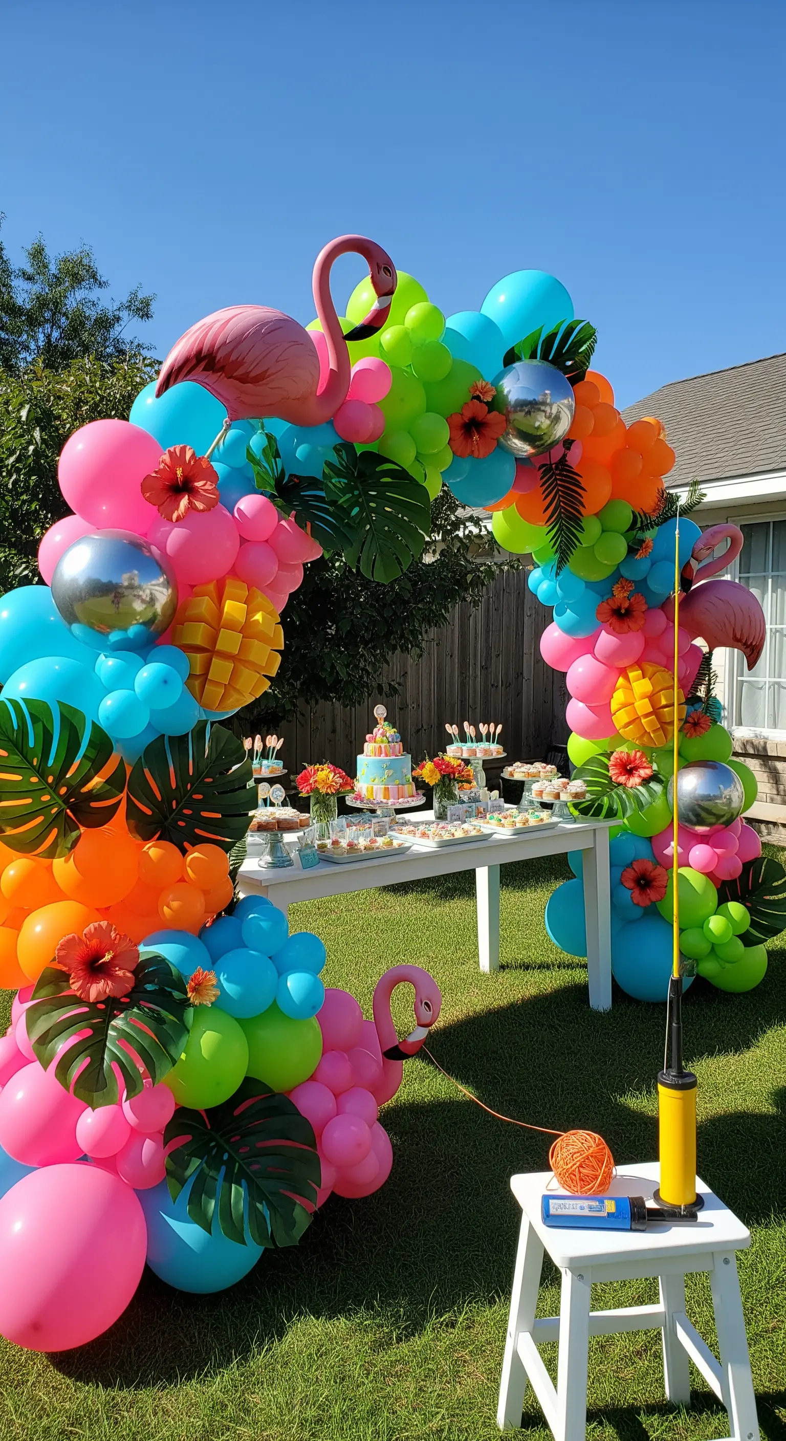 Arco di palloncini tropicali con fenicotteri rosa, foglie di monstera e sfere argentate.