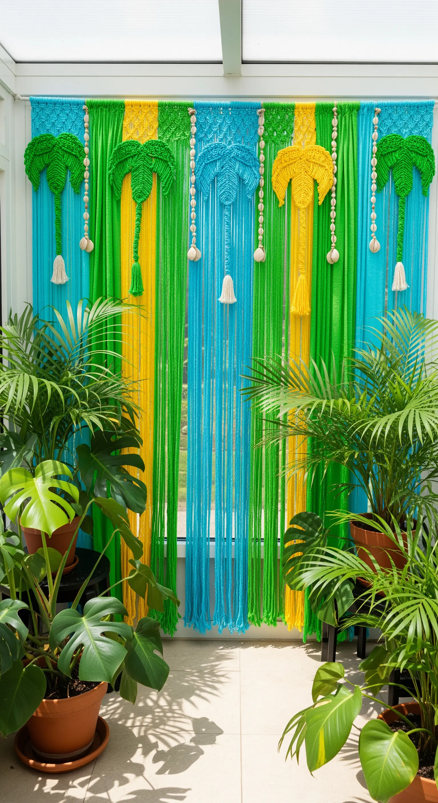 Tenda a fili colorati con decorazioni in macramè a forma di palma e conchiglie.